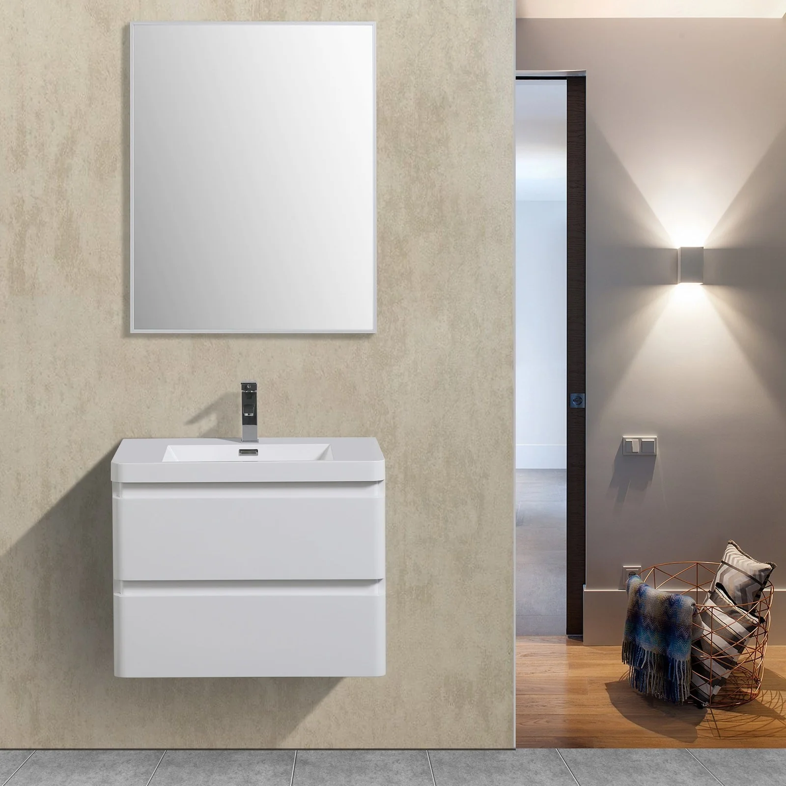 Eviva Glazzy 30" Glossy White Finish Wall Mount Modern Bathroom Vanity with White Integrated Acrylic Top