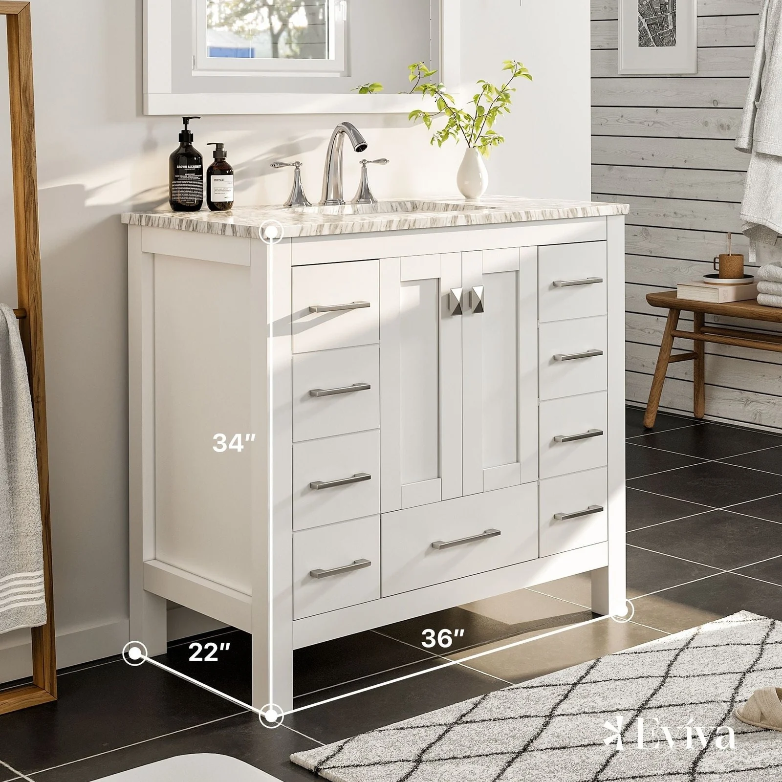 Eviva Hampton 36" Transitional Bathroom Vanity with White Carrara Countertop and Undermount Porcelain Sink - Image 10