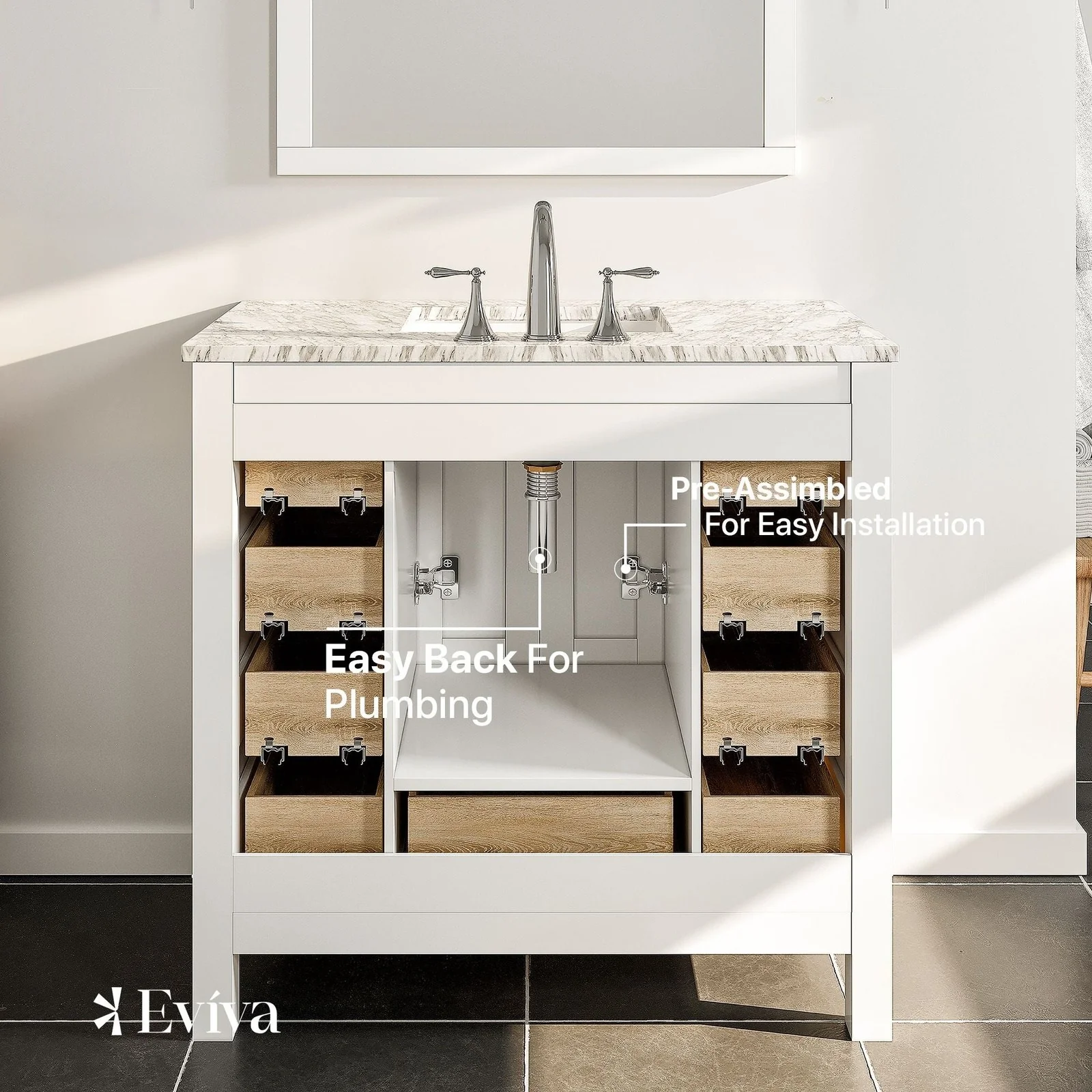 Eviva Hampton 36" Transitional Bathroom Vanity with White Carrara Countertop and Undermount Porcelain Sink - Image 13