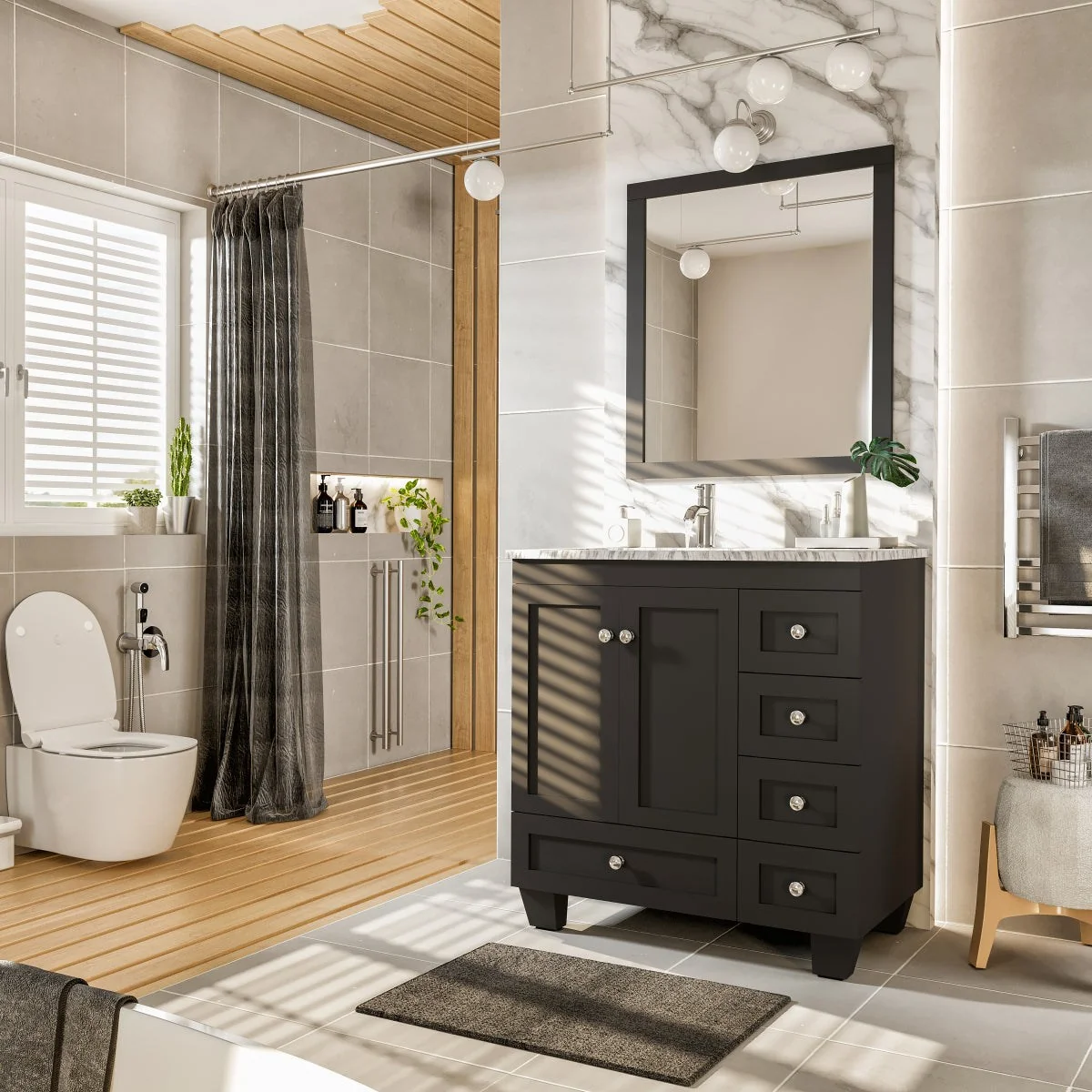 Eviva Happy 28" x 18" Transitional Bathroom Vanity with White Carrara Marble Countertop and Undermount Porcelain Sink - Image 2