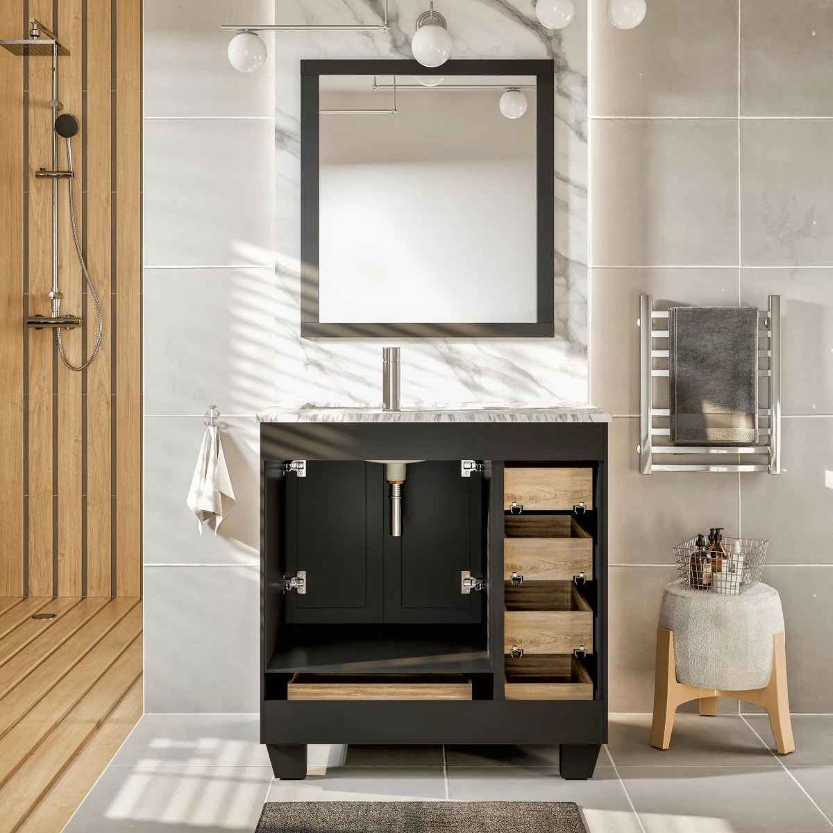 Eviva Happy 28" x 18" Transitional Bathroom Vanity with White Carrara Marble Countertop and Undermount Porcelain Sink - Image 3