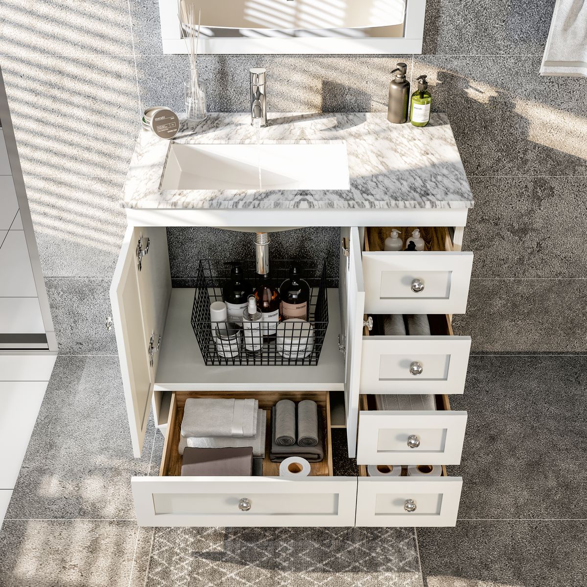 Eviva Happy 30"x 18" Transitional Bathroom Vanity with White Carrara Marble Countertop and Undermount Porcelain Sink - Image 18