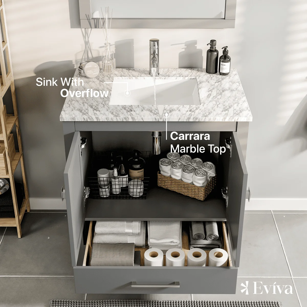 Eviva London 24" x 18" Transitional Bathroom Vanity with White Carrara Top - Image 4
