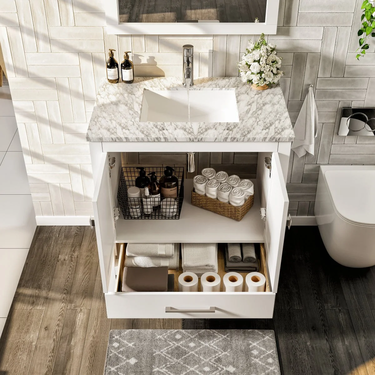 Eviva London 30" x 18" Transitional Bathroom Vanity with Crema Marfil Marble Countertop and Undermount Porcelain Sink - Image 20