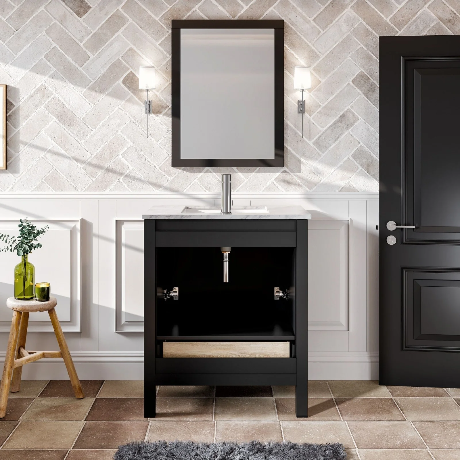 Eviva London 30" x 18" Transitional Bathroom Vanity with Crema Marfil Marble Countertop and Undermount Porcelain Sink - Image 5