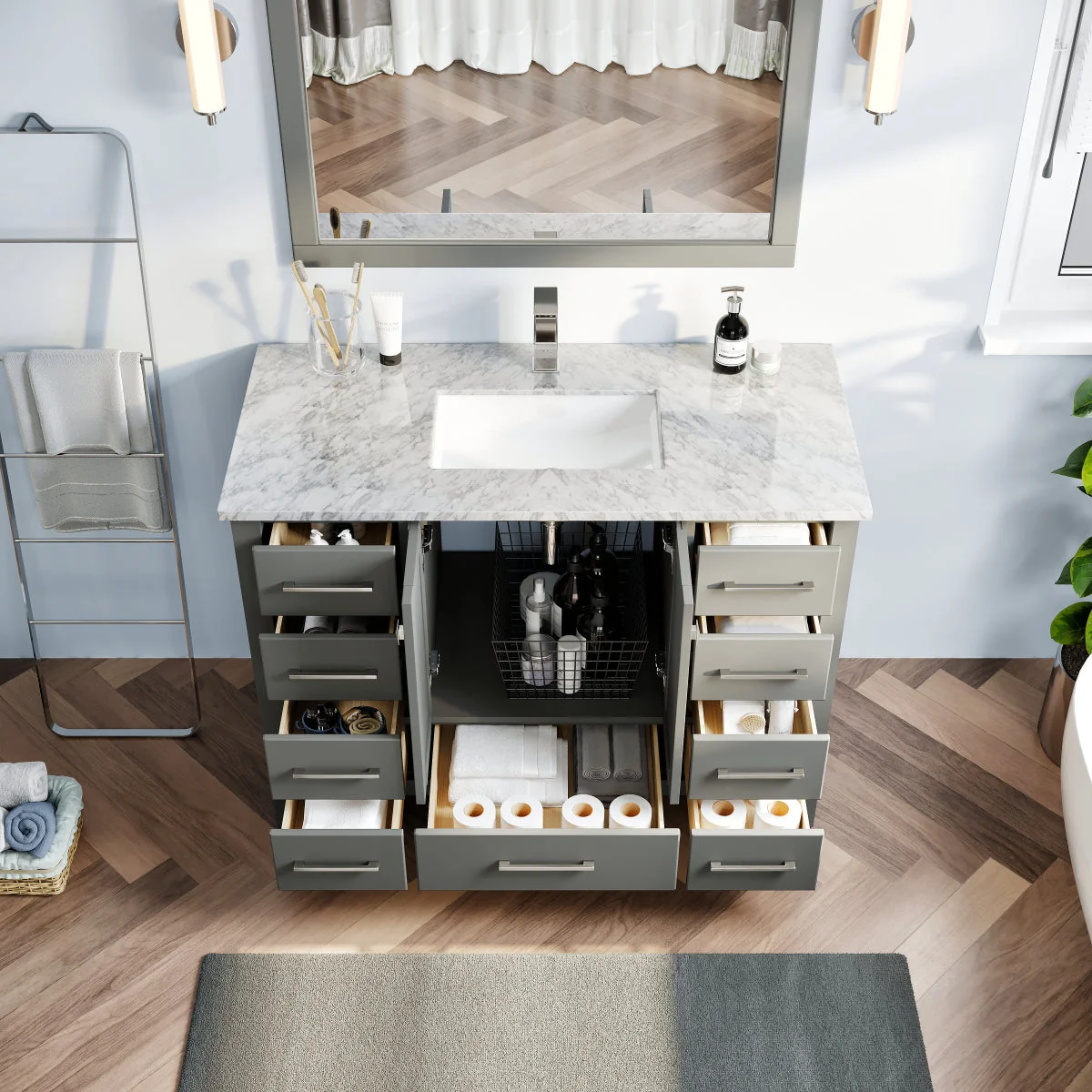 Eviva London 48" x 18" Transitional Bathroom Vanity with White Carrara Marble Countertop and Undermount Porcelain Sink - Image 13