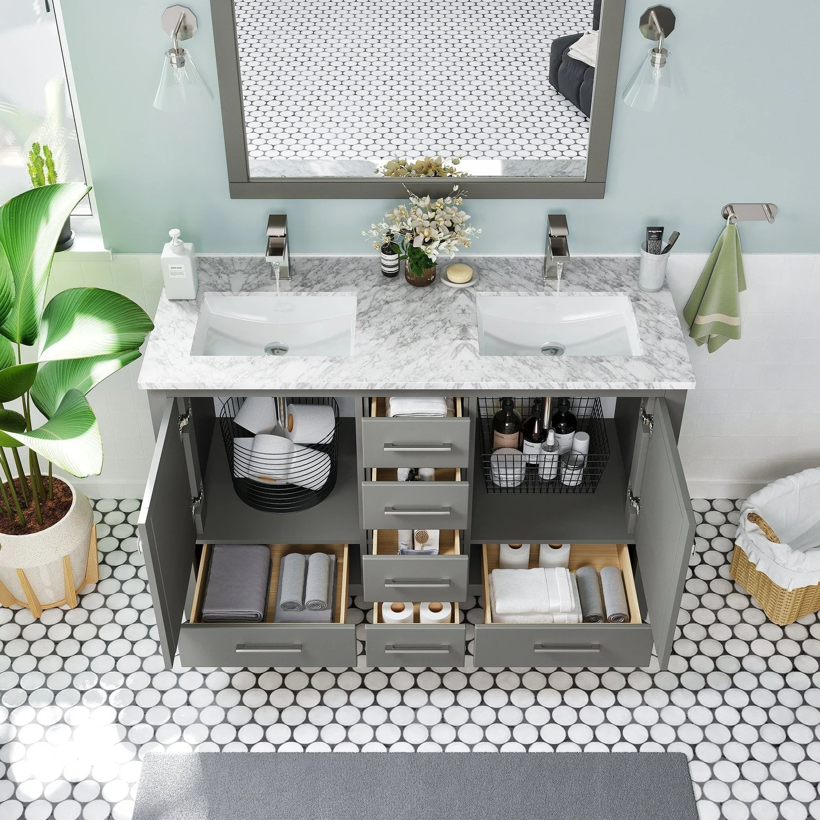 Eviva London 48" x 18" Transitional Double Sink Bathroom Vanity with White Carrara Marble Countertop and Undermount Porcelain Sink - Image 16