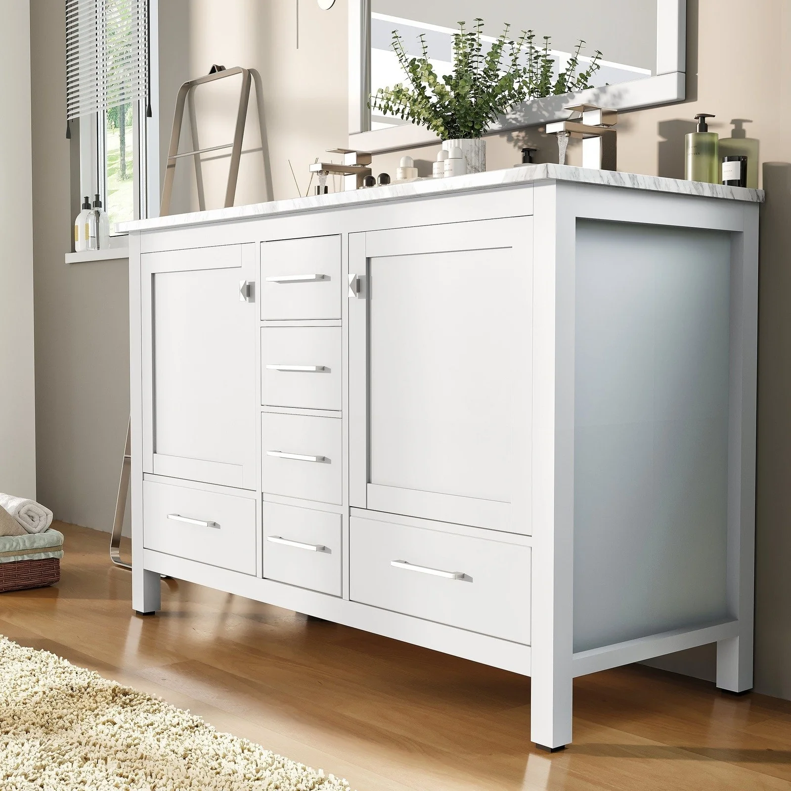 Eviva London 48" x 18" Transitional Double Sink Bathroom Vanity with White Carrara Marble Countertop and Undermount Porcelain Sink - Image 30