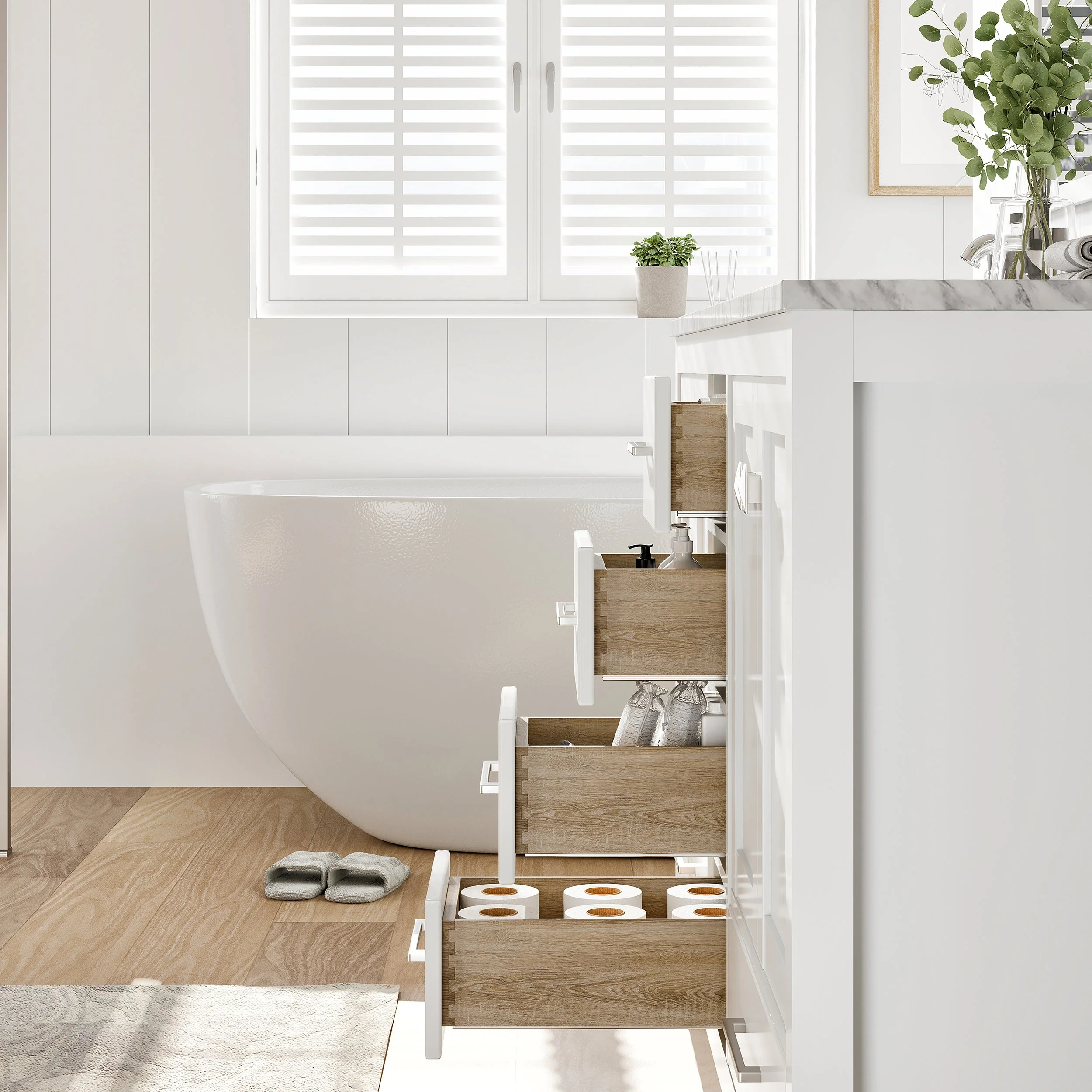Eviva London 60" x 18"  Transitional Double Sink Bathroom Vanity with White Carrara Marble Countertop and Undermount Porcelain Sink - Image 21
