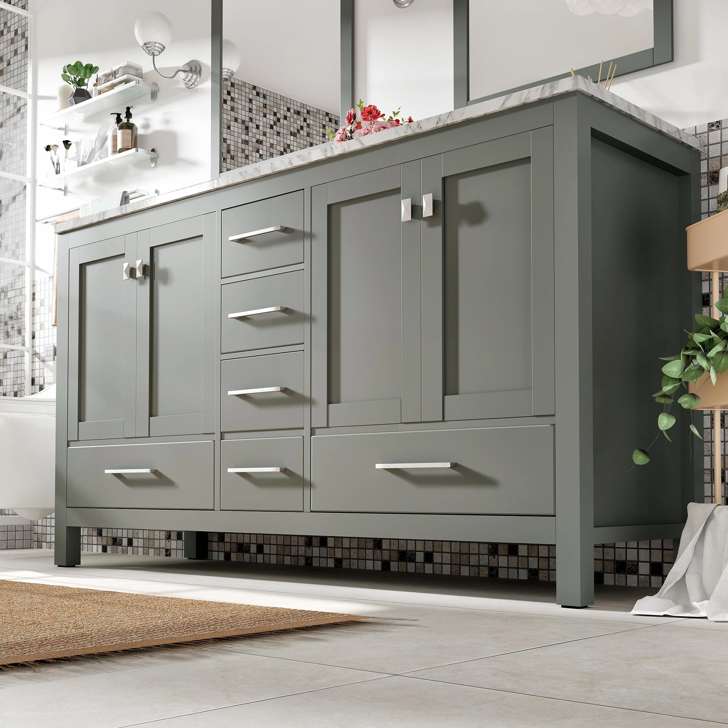 Eviva London 60" x 18"  Transitional Double Sink Bathroom Vanity with White Carrara Marble Countertop and Undermount Porcelain Sink - Image 7