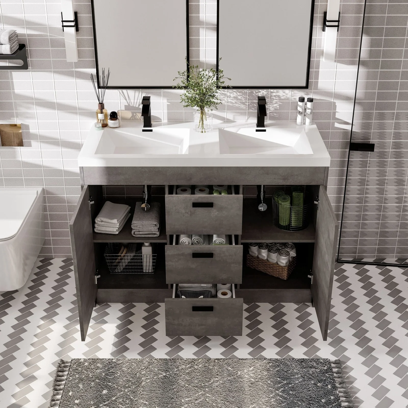 Eviva Lugano 48" Modern Double Sink Bathroom Vanity with White Integrated Acrylic Top - Image 5