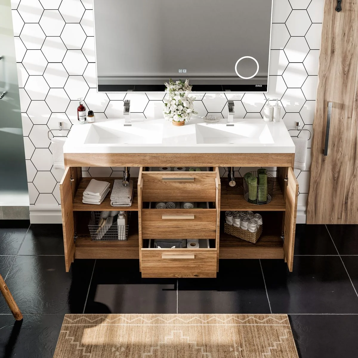 Eviva Lugano 60" Modern Double Sink Bathroom Vanity in Natural Oak Finish with White Integrated Acrylic Top - Image 4