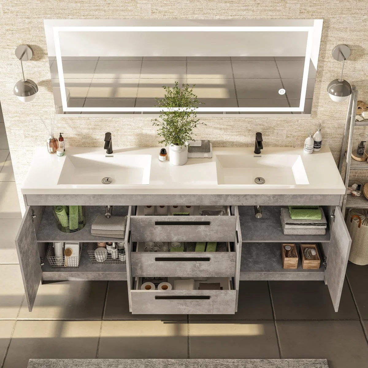 Eviva Lugano 84" Modern Double Sink Bathroom Vanity with White Integrated Acrylic Top - Image 3