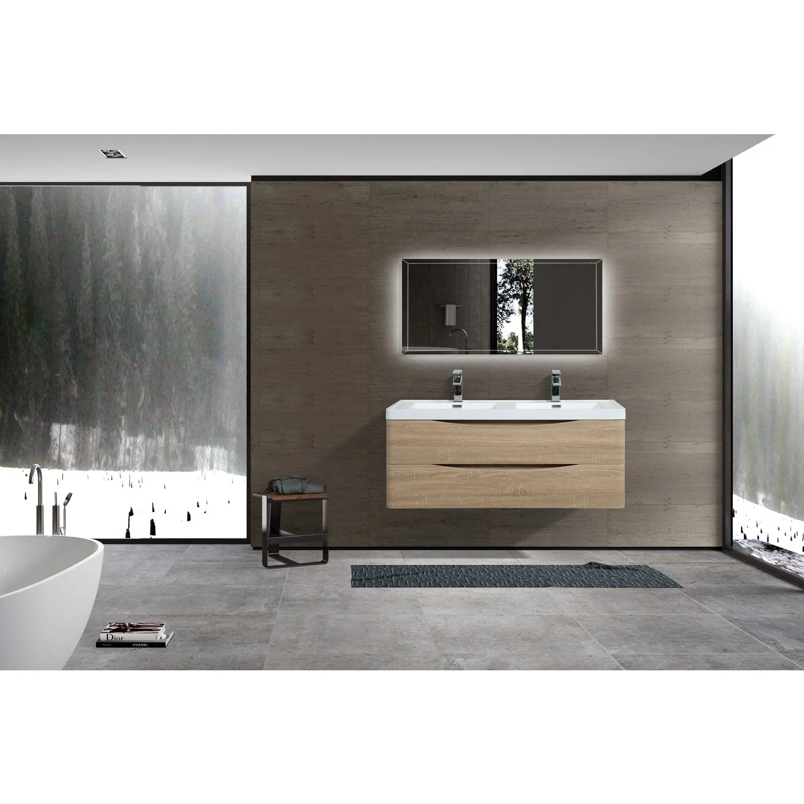 Eviva Smile 48" Wall Mount Modern Double Bathroom Vanity in White Oak  Finish with White Integrated Acrylic Top - Image 2