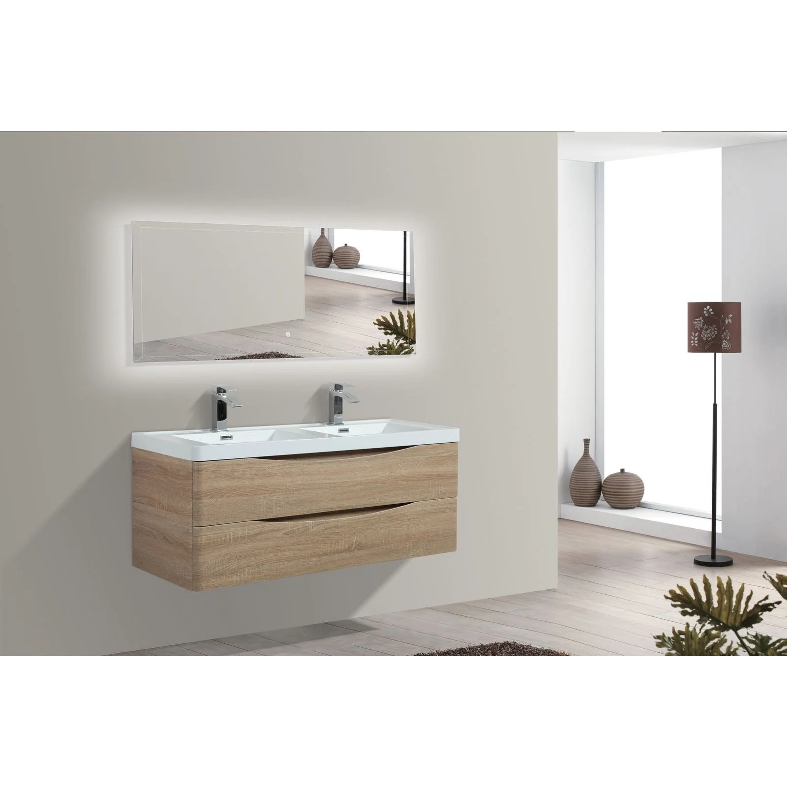 Eviva Smile 48" Wall Mount Modern Double Bathroom Vanity in White Oak  Finish with White Integrated Acrylic Top - Image 3