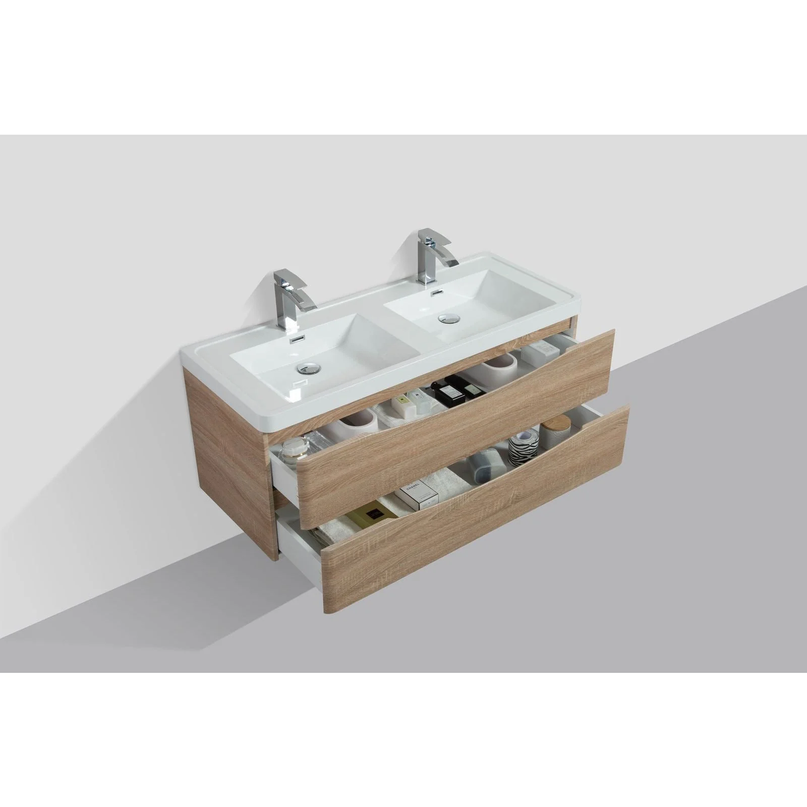 Eviva Smile 48" Wall Mount Modern Double Bathroom Vanity in White Oak  Finish with White Integrated Acrylic Top - Image 5