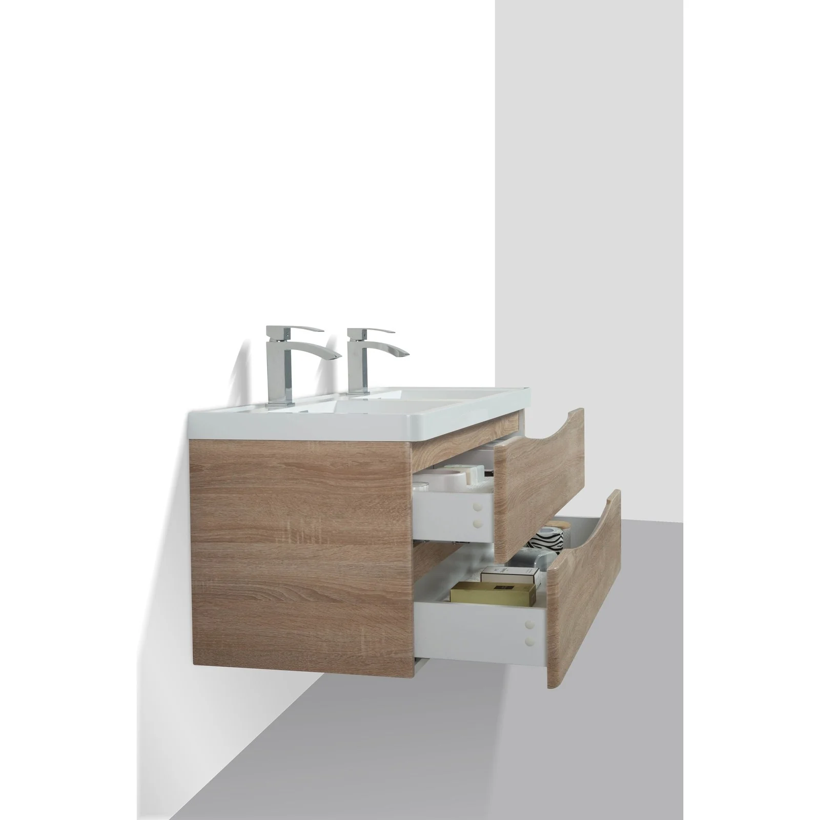 Eviva Smile 48" Wall Mount Modern Double Bathroom Vanity in White Oak  Finish with White Integrated Acrylic Top - Image 6