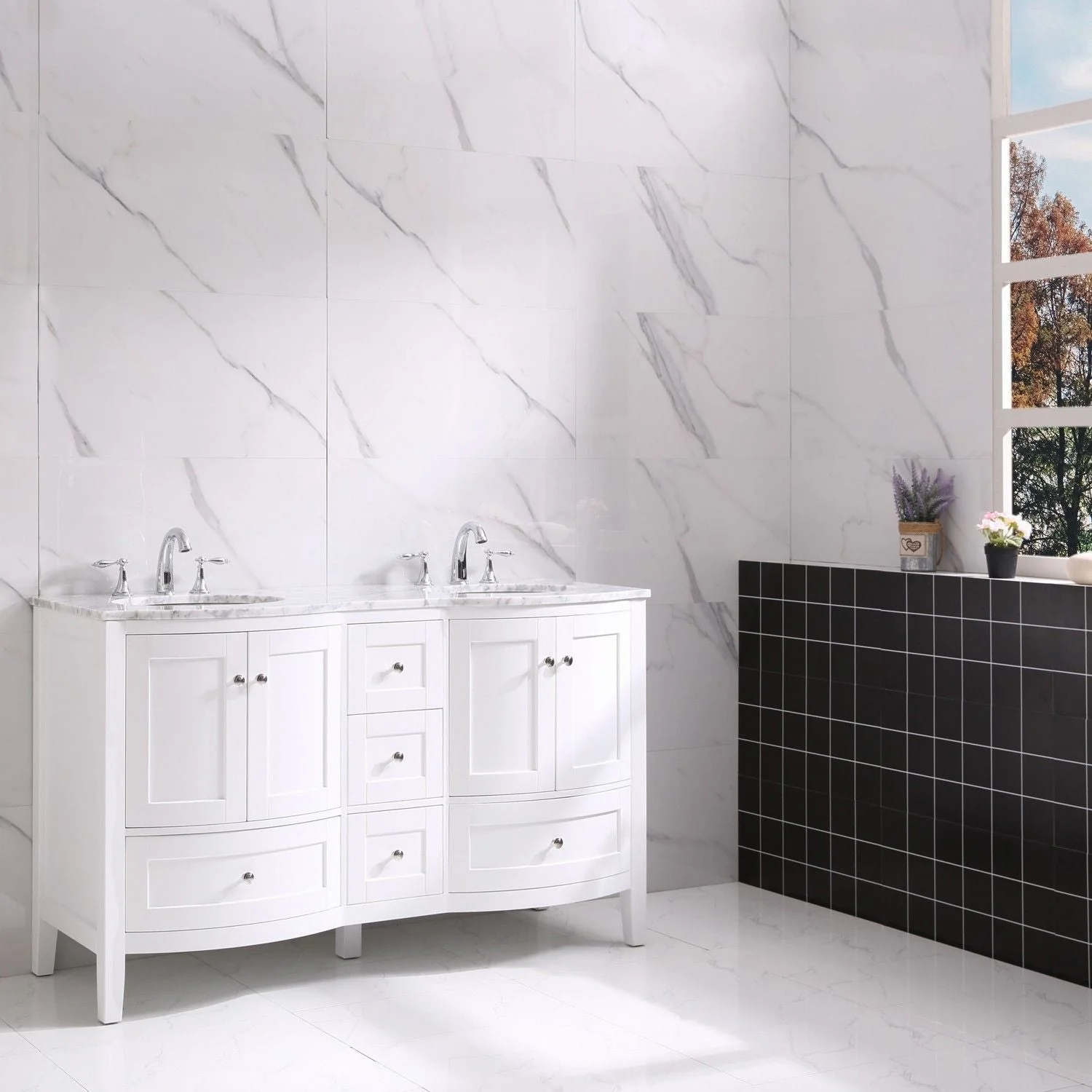 Eviva Stanton 60" Transitional Double Sink Bathroom Vanity in White Finish with White Carrara Countertop and Undermount Porcelain Sinks - Image 3