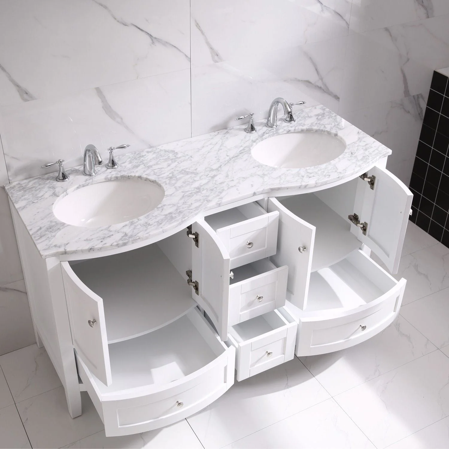 Eviva Stanton 60" Transitional Double Sink Bathroom Vanity in White Finish with White Carrara Countertop and Undermount Porcelain Sinks - Image 5