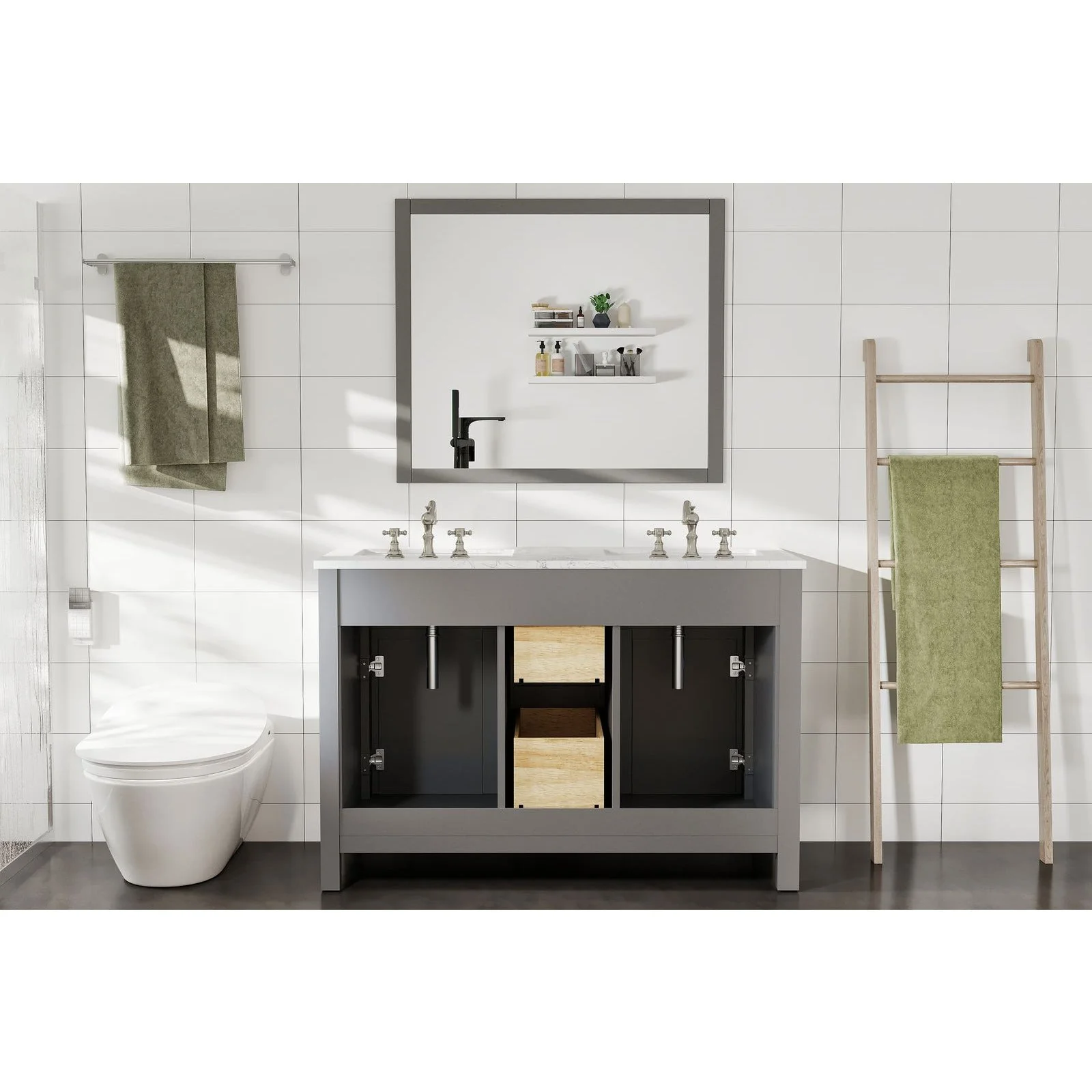 Eviva Totti Artemis 44" Transitional Double Sink Bathroom Vanity with White Carrara Style Man-Made Stone Countertop and Undermount Porcelain Sinks - Image 15