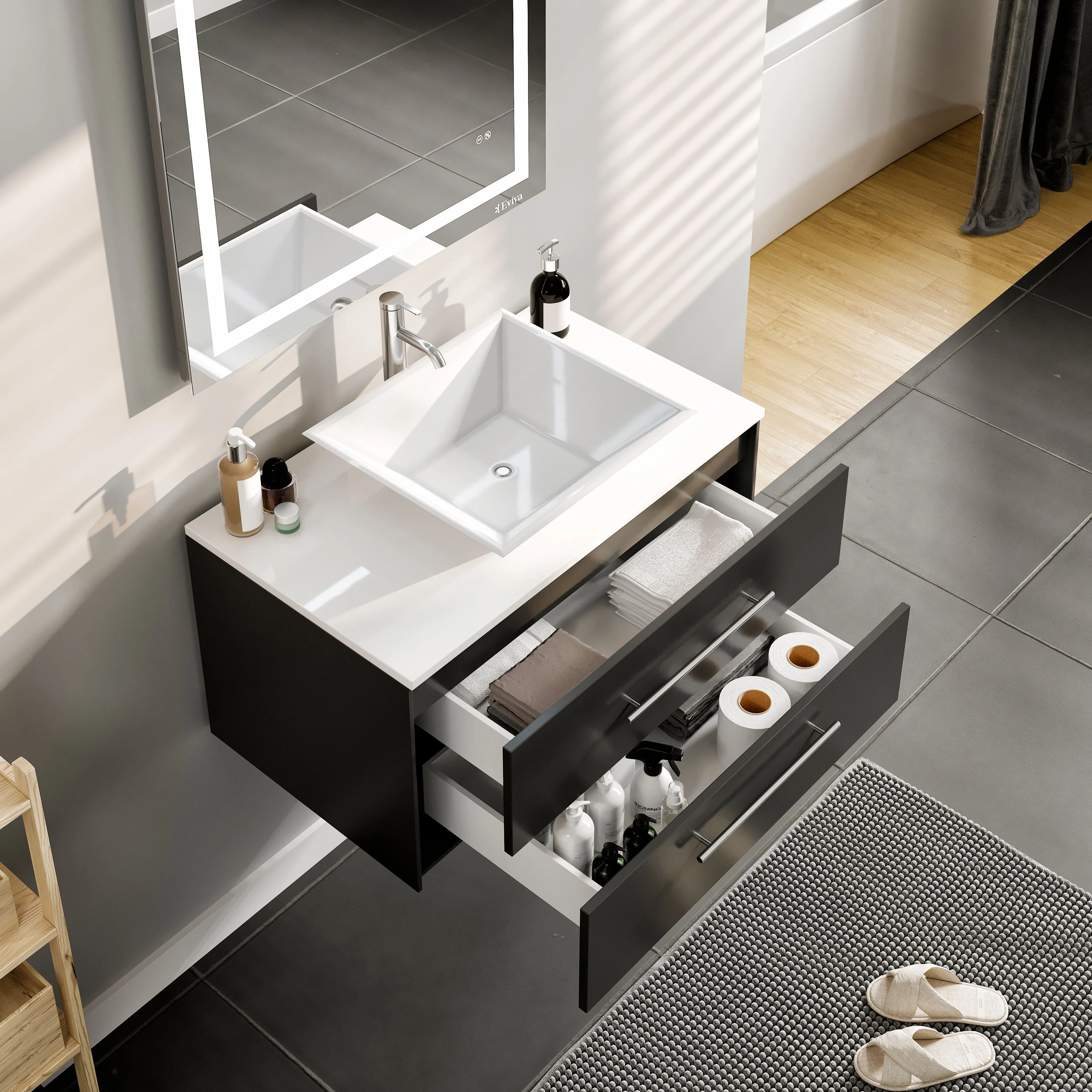 Eviva Totti Wave 30" Modern Bathroom Vanity with Super White Man-Made Stone Countertop and Porcelain Vessel Sink - Image 8