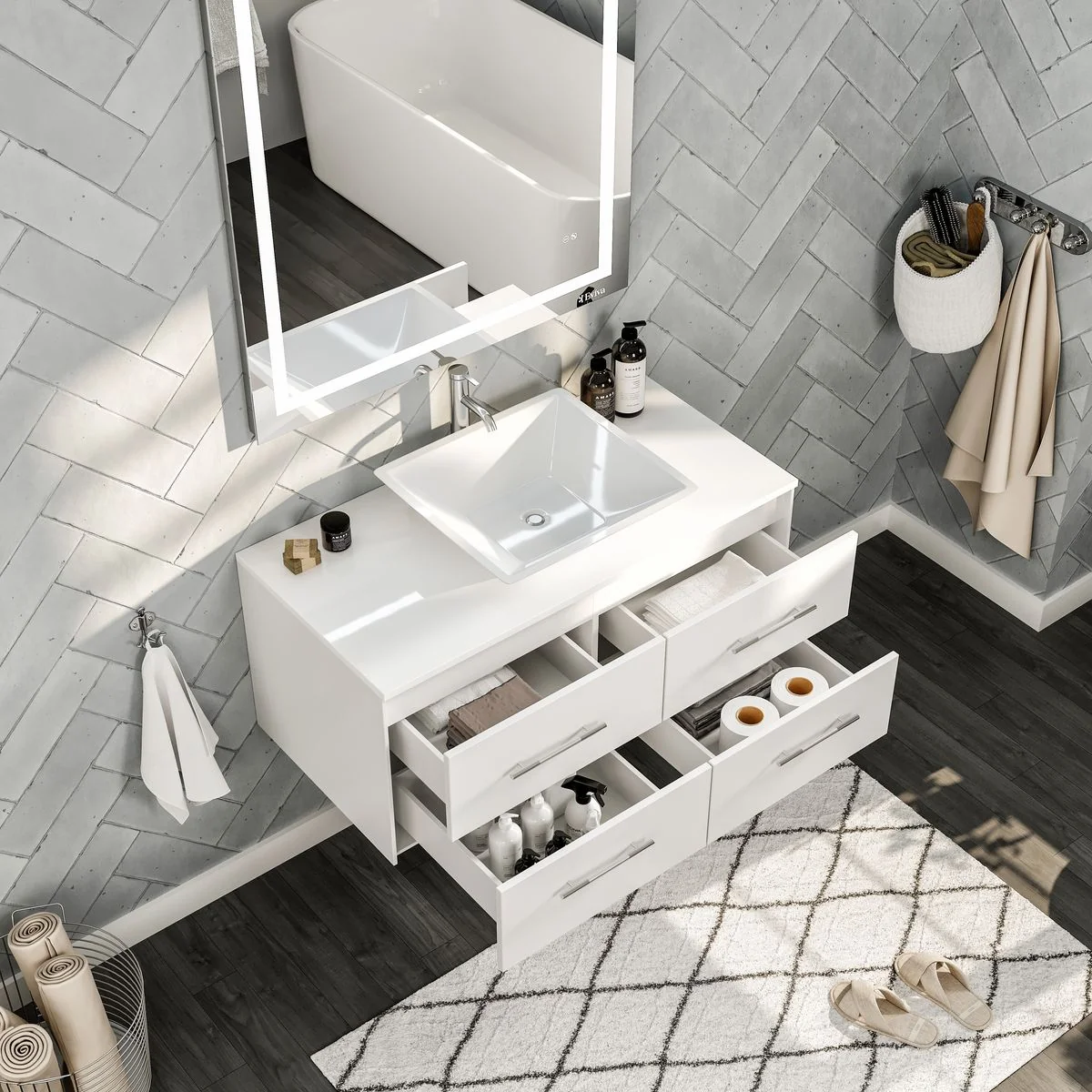 Eviva Totti Wave 36" Modern Bathroom Vanity with Super White Man-Made Stone Countertop and Porcelain Vessel Sink - Image 15