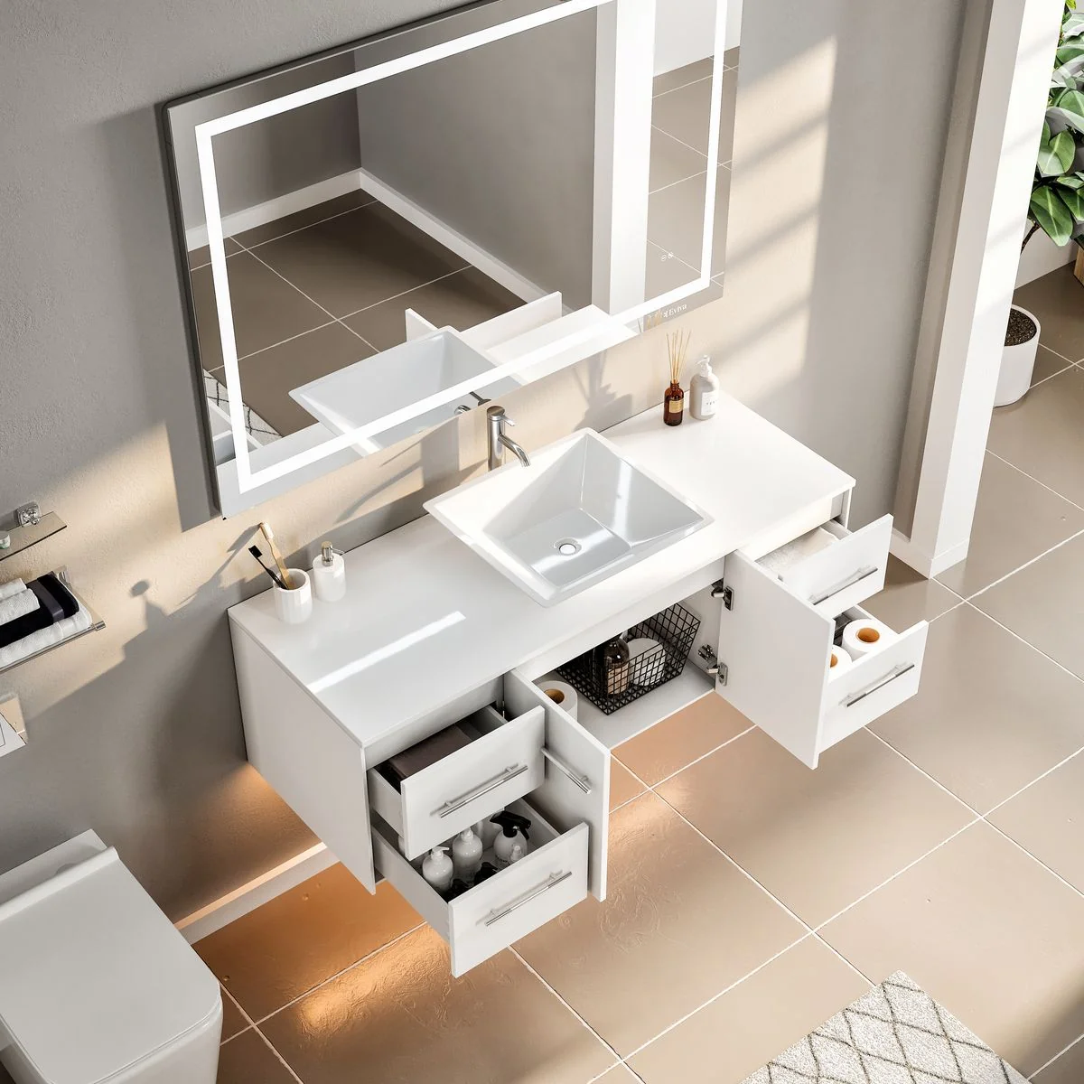 Eviva Totti Wave 48" Modern Bathroom Vanity with Super White Man-Made Stone Countertop and Porcelain Vessel Sink - Image 14