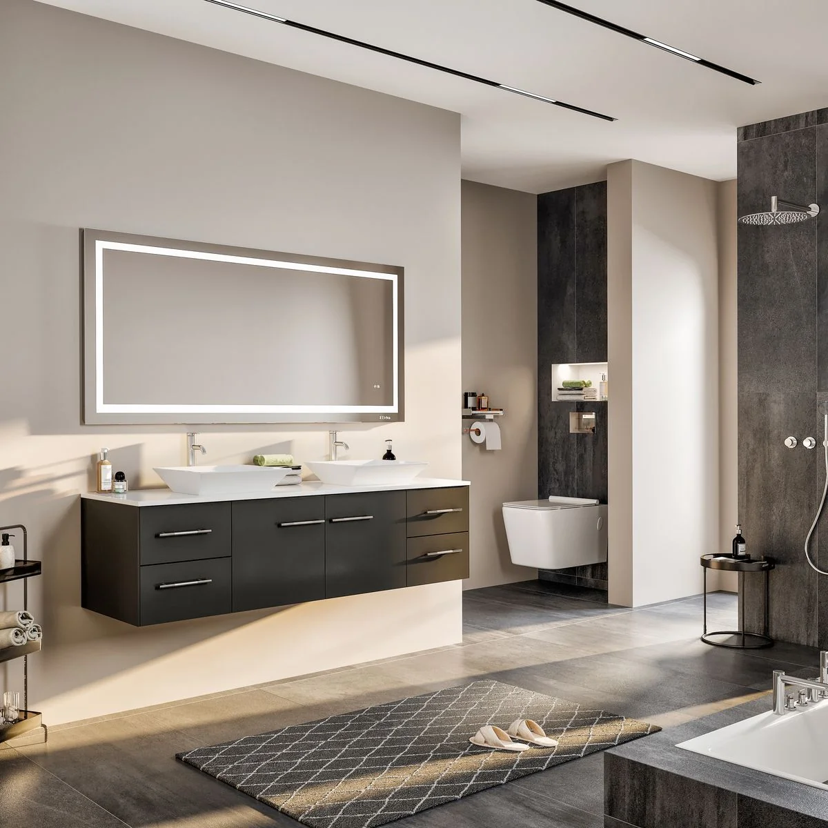 Eviva Totti Wave 60" Modern Double Sink Bathroom Vanity with Super White Man-Made Stone Countertop & Porcelain Vessel Sinks - Image 3