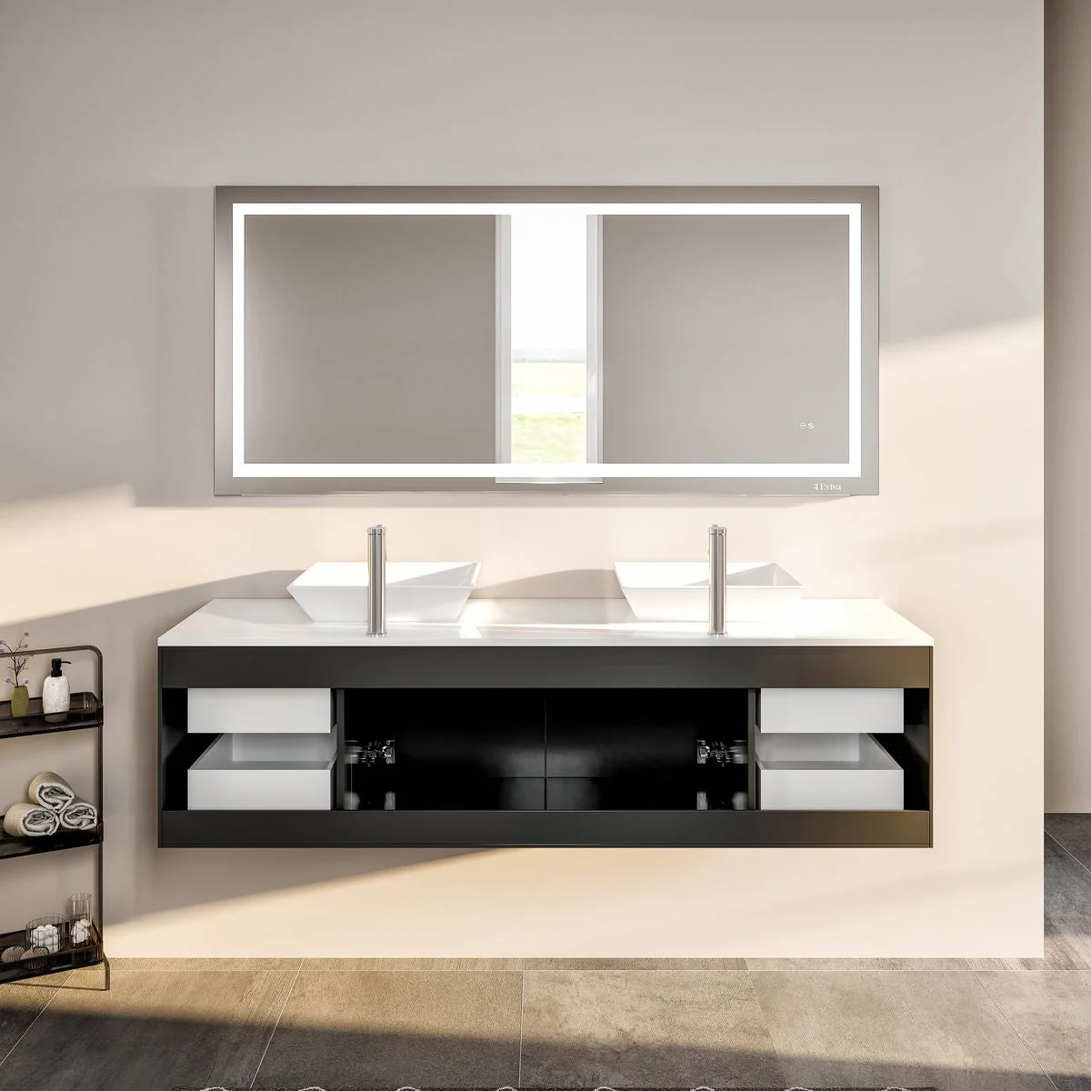 Eviva Totti Wave 60" Modern Double Sink Bathroom Vanity with Super White Man-Made Stone Countertop & Porcelain Vessel Sinks - Image 5