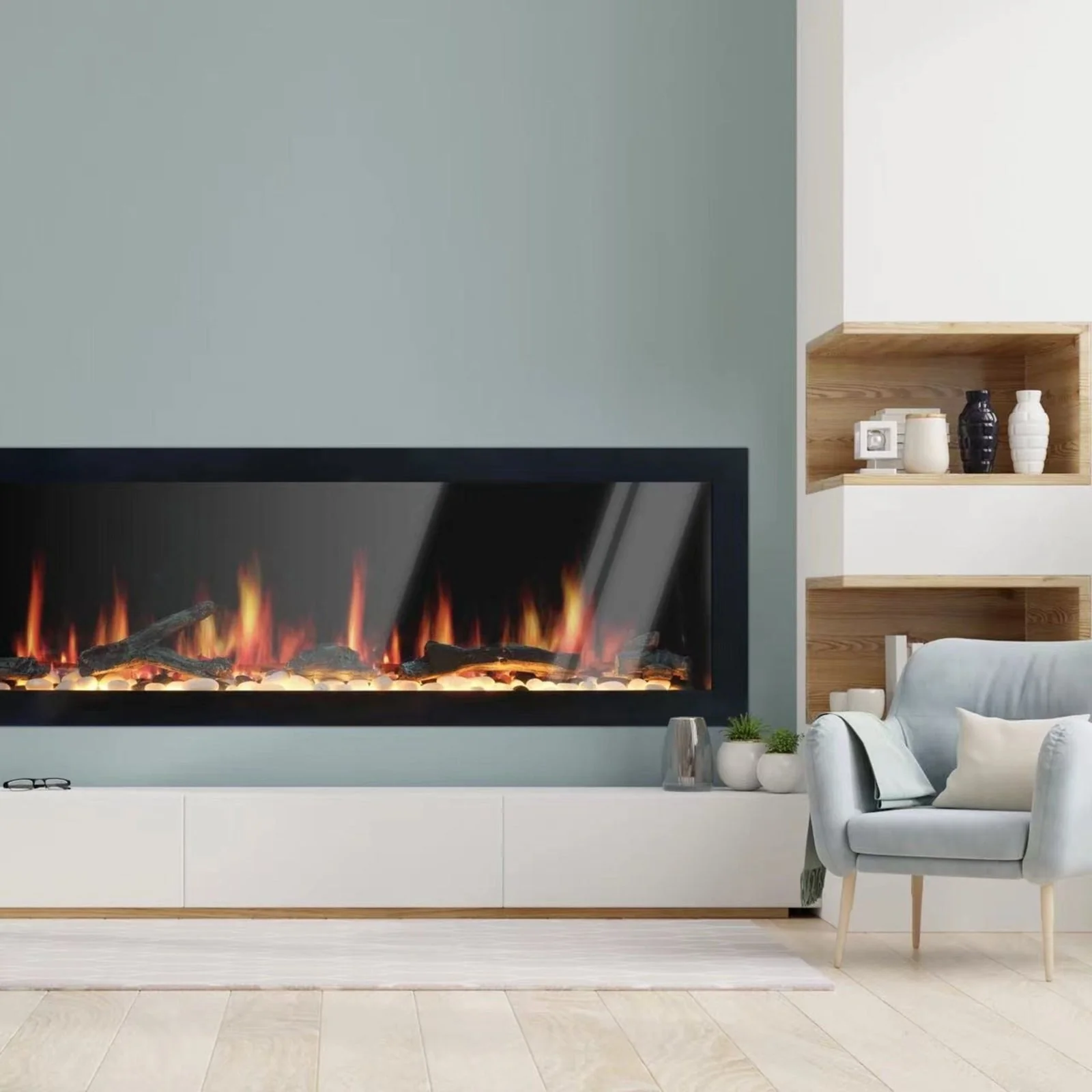 Litedeer Homes Gloria II 68" Smart Electric Fireplace with App Driftwood Log & River Rock - Silver - Image 10