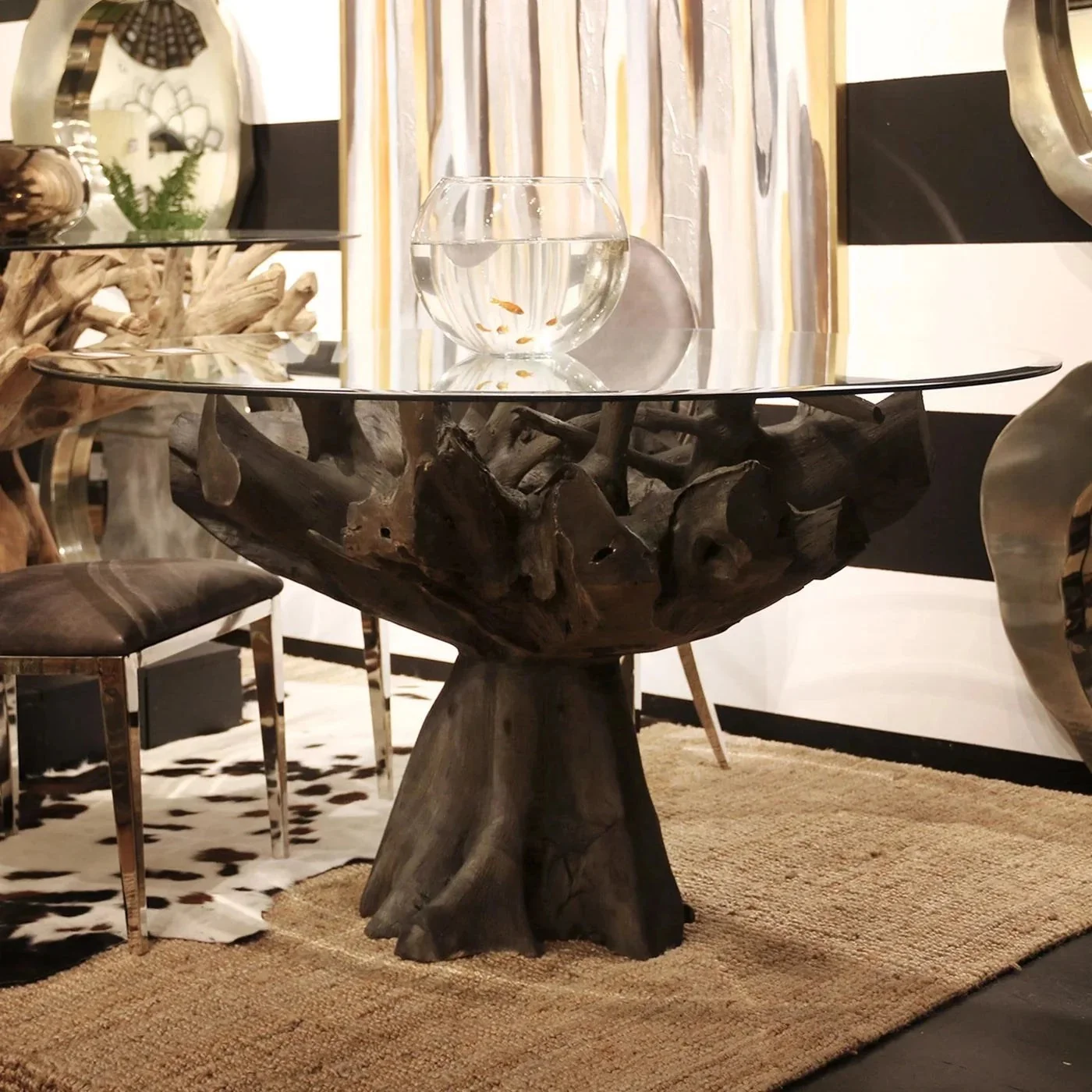 Harp & Finial JAKARTA SMALL DINING TABLE- GRAY | Gray Finish on Teak Wood Base with Round Beveled Edge Glass Top - Image 3