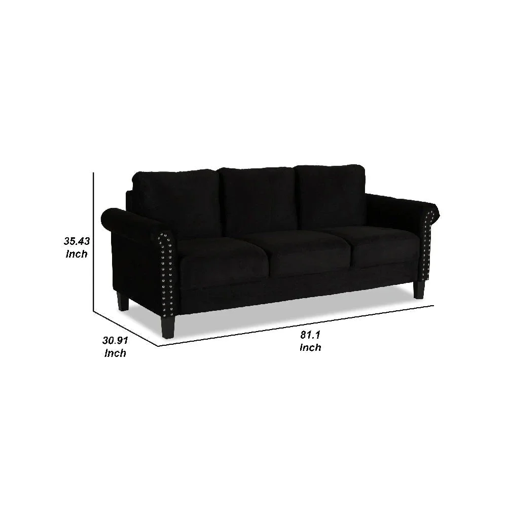 Benzara Judy 81 Inch Velvet Upholstered Sofa With Nailhead Trim, Black BM271913 - Image 5
