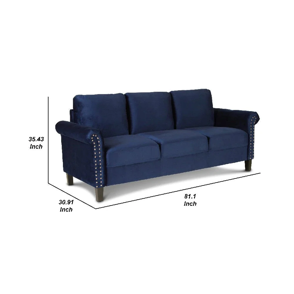 Benzara Judy 81 Inch Velvet Upholstered Sofa With Nailhead Trim, Blue BM271914 - Image 5