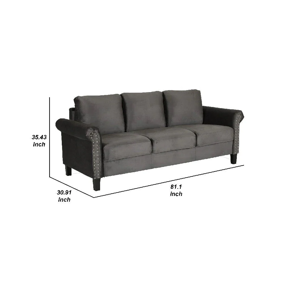 Benzara Judy 81 Inch Velvet Upholstered Sofa With Nailhead Trim, Gray BM271915 - Image 5