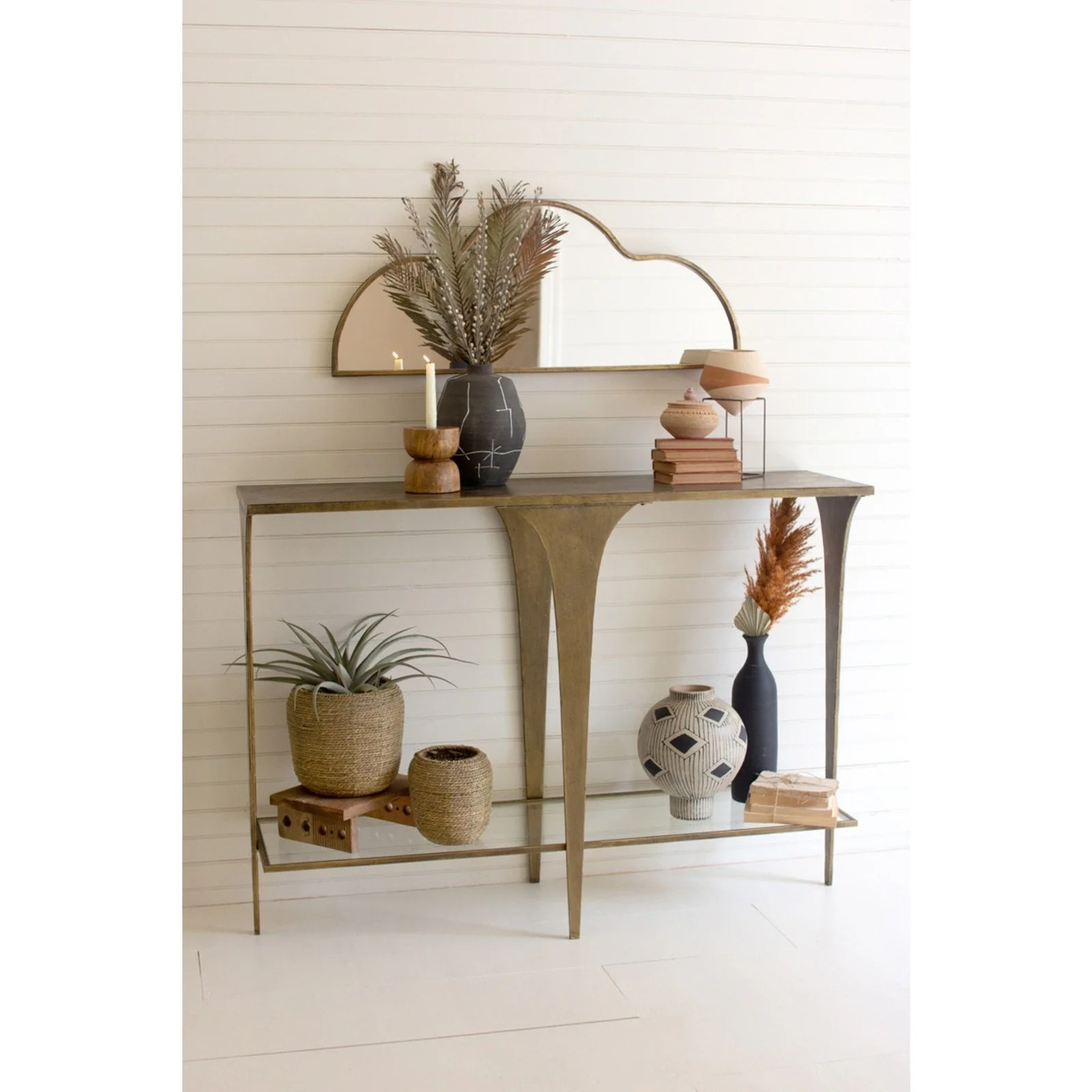 Kalalou Antique Brass Glass Sofa Table - Image 2