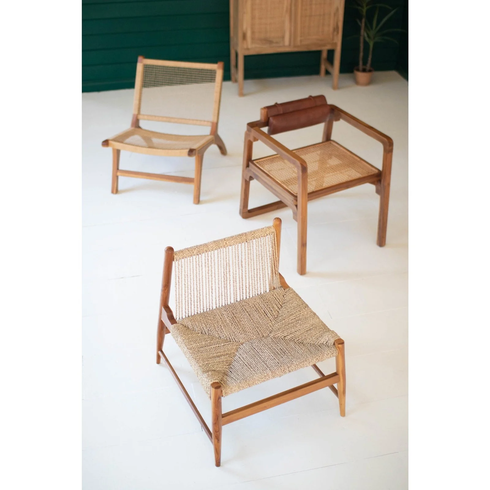 Kalalou Bent Teak Arm Chair With Woven Seat Leather Pad Back - Image 3