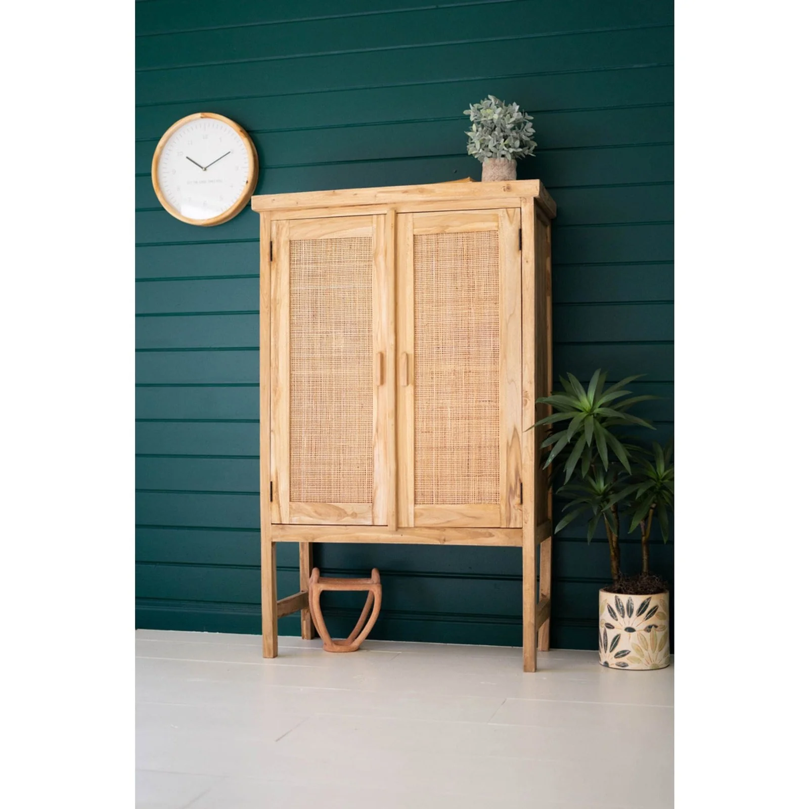 Kalalou Large Two Door Wooden Cabinet With Woven Cane Detail