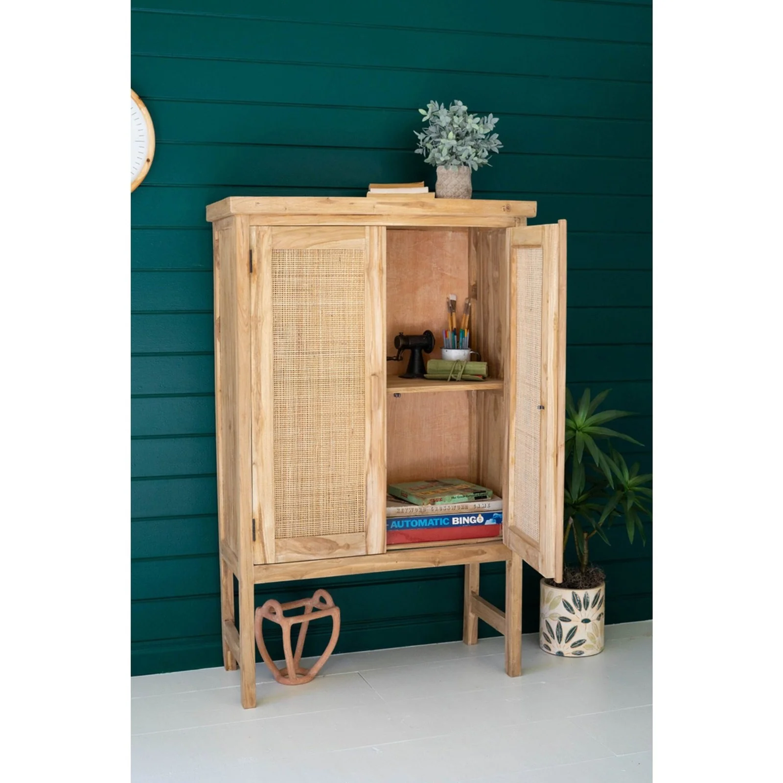 Kalalou Large Two Door Wooden Cabinet With Woven Cane Detail - Image 4