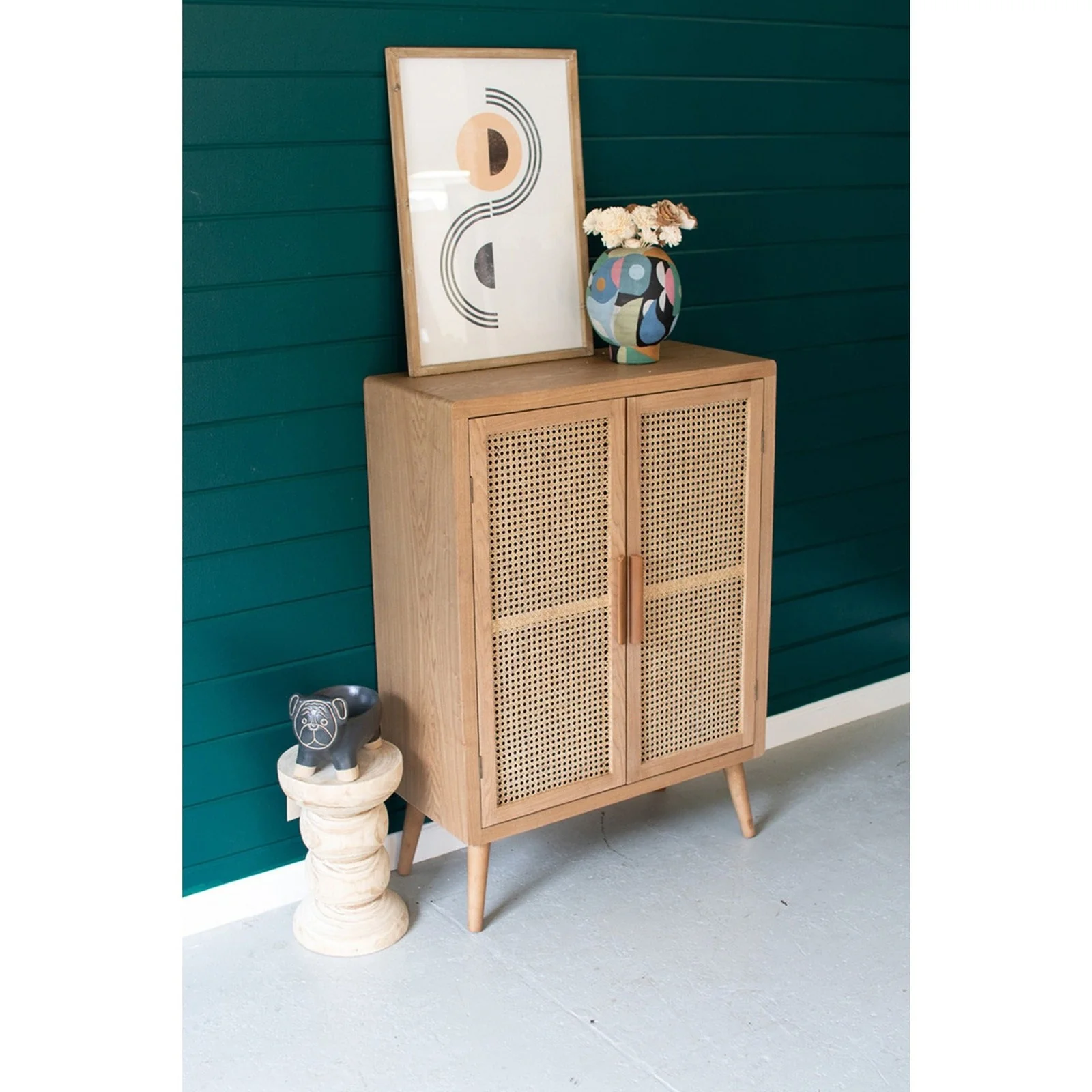 Kalalou Tall Wood Cabinet With Two Woven Cane Doors