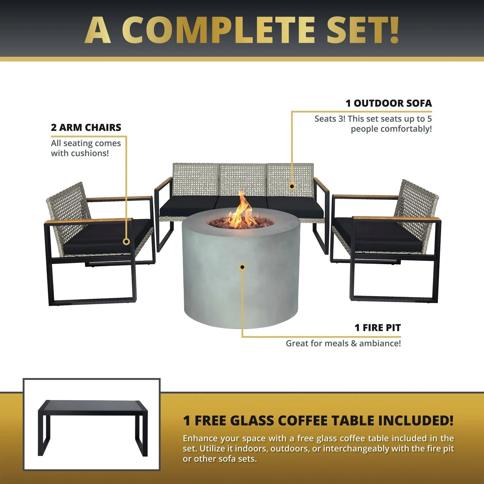 Kinger Home Loren 5-Piece Outdoor Fire Pit Set for Patio - Image 6