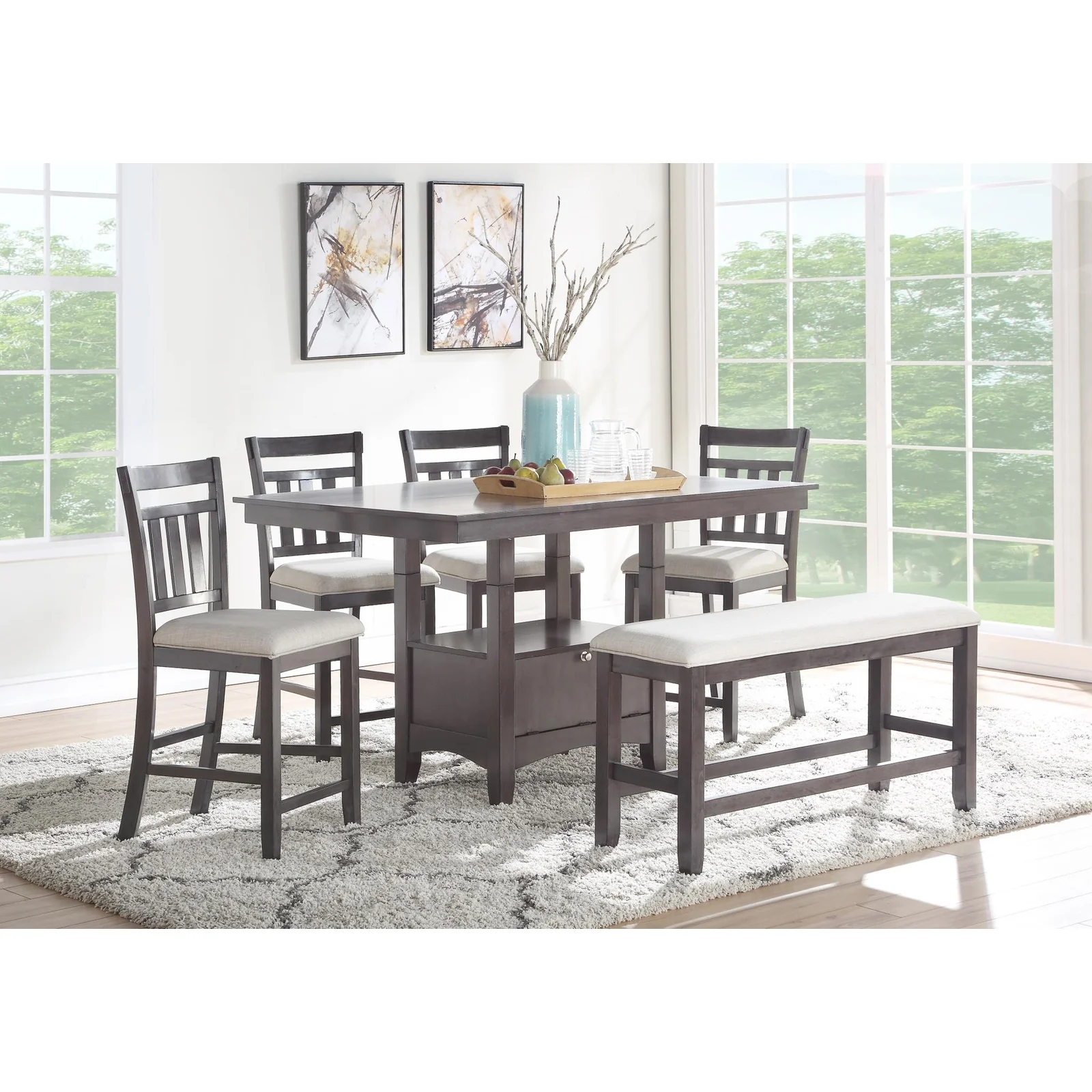 Kinger Home Palm Counter Height 6-Pieces Indoor Dining Set With Storage Base Table