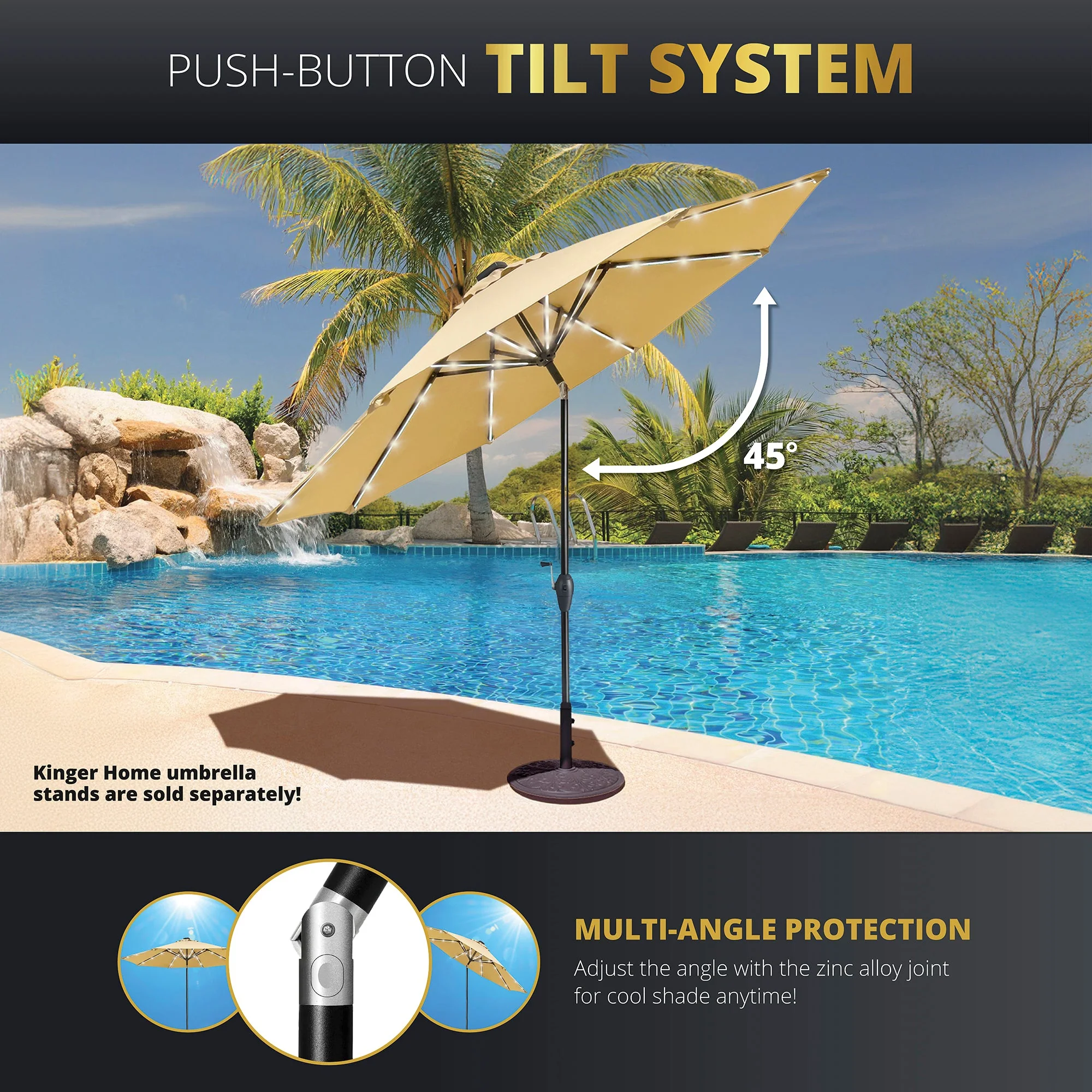 Kinger Home Stella 9ft Solar Patio Umbrella with Tilt Adjustment and LED Lights - Image 4