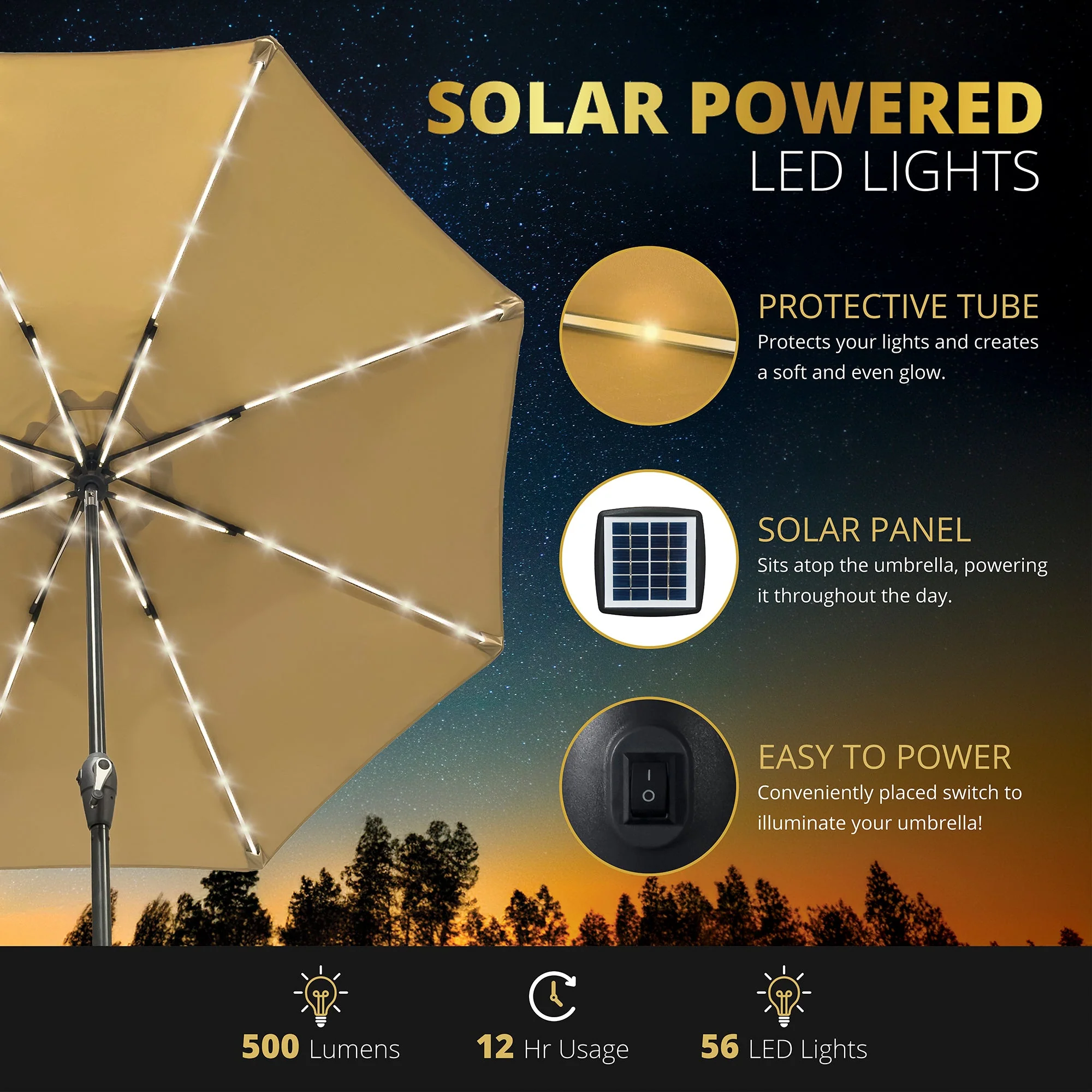 Kinger Home Stella 9ft Solar Patio Umbrella with Tilt Adjustment and LED Lights - Image 5