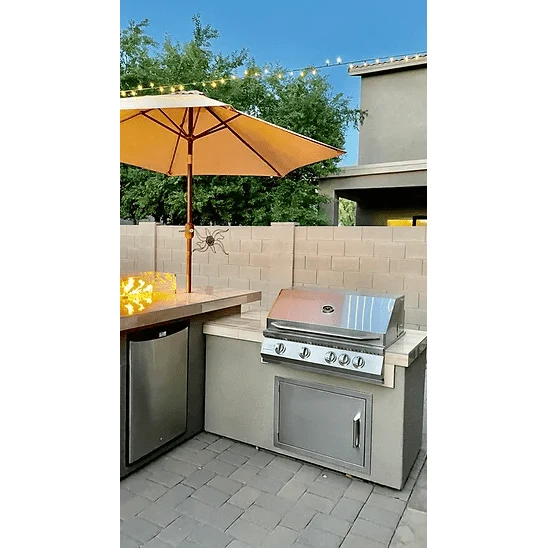 Kokomo Baja/Fire L-Shaped BBQ Island with Fire-pit, 4 Burner BBQ, Outdoor Refrigerator - Image 4