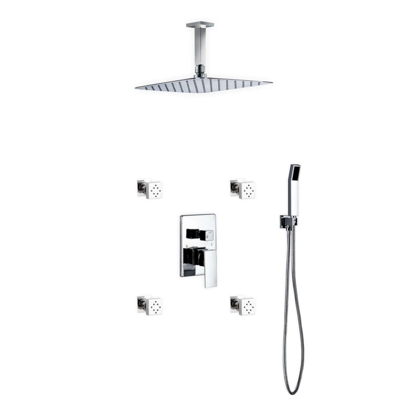 KubeBath Aqua Piazza Shower Set with Ceiling Mount Square Rain Shower, Handheld and 4 Body Jets - Image 15