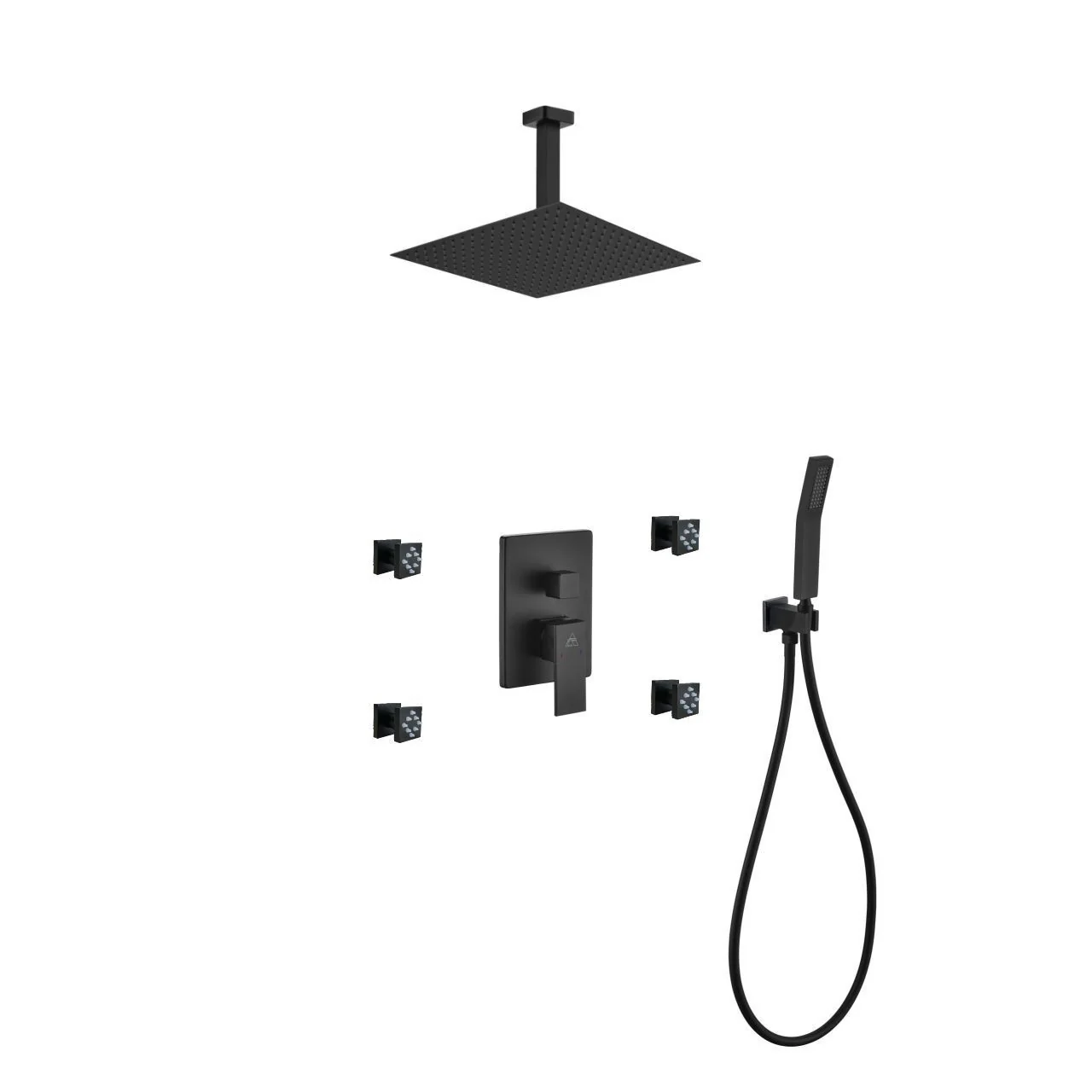 KubeBath Aqua Piazza Shower Set with Ceiling Mount Square Rain Shower, Handheld and 4 Body Jets - Image 22