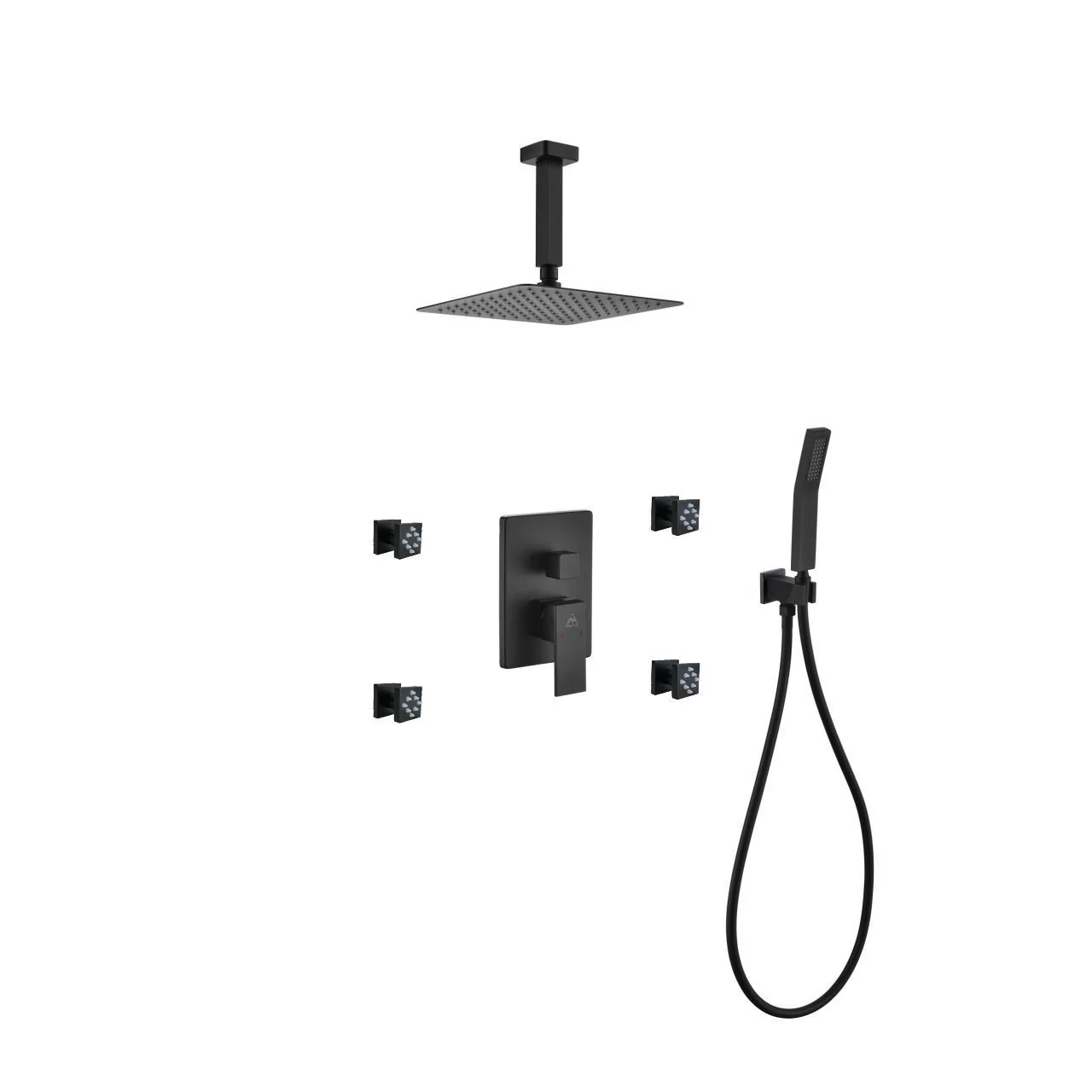 KubeBath Aqua Piazza Shower Set with Ceiling Mount Square Rain Shower, Handheld and 4 Body Jets - Image 8