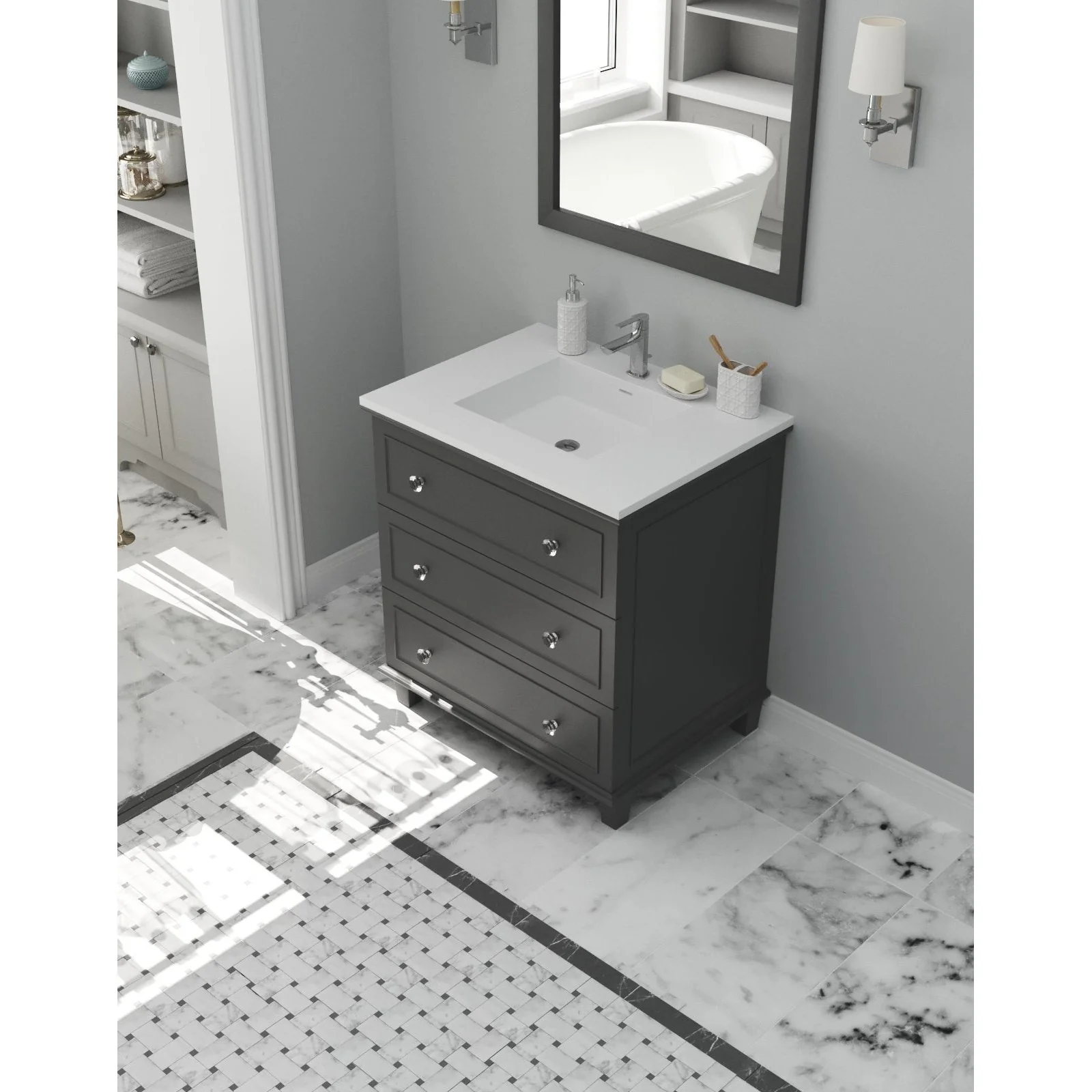 Laviva Luna 30" Maple Grey Bathroom Vanity with Matte White VIVA Stone Solid Surface Countertop 313DVN-30G-MW - Image 2