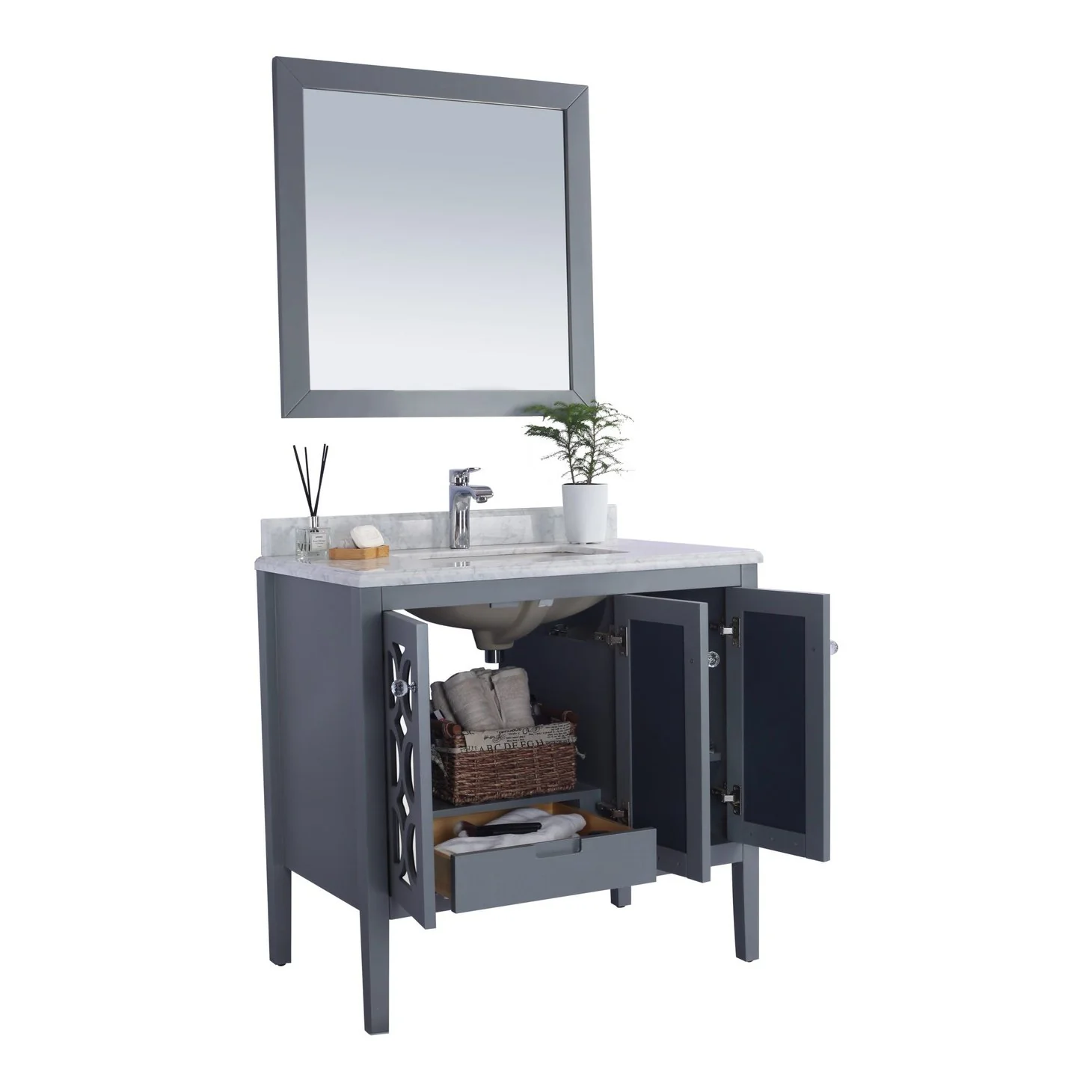 Laviva Mediterraneo 36" Grey Bathroom Vanity with White Carrara Marble Countertop 313MKSH-36G-WC - Image 4