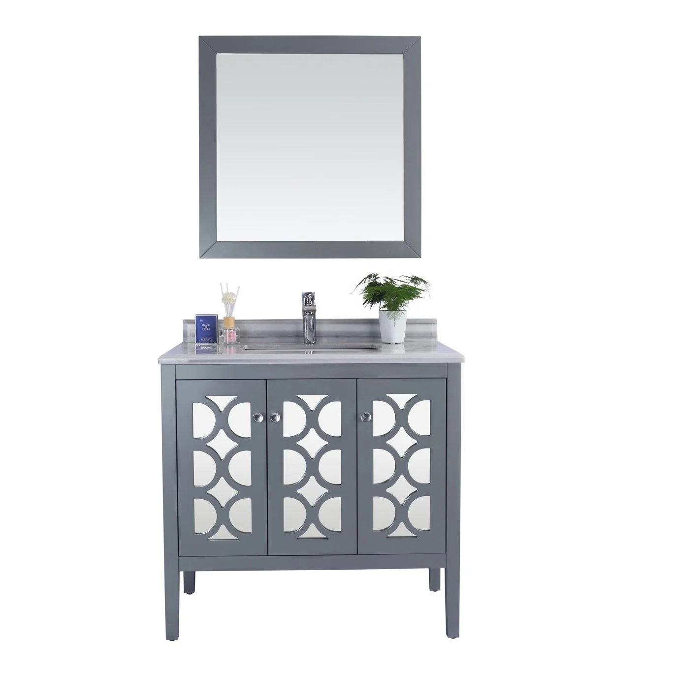 Laviva Mediterraneo 36" Grey Bathroom Vanity with White Stripes Marble Countertop 313MKSH-36G-WS - Image 4